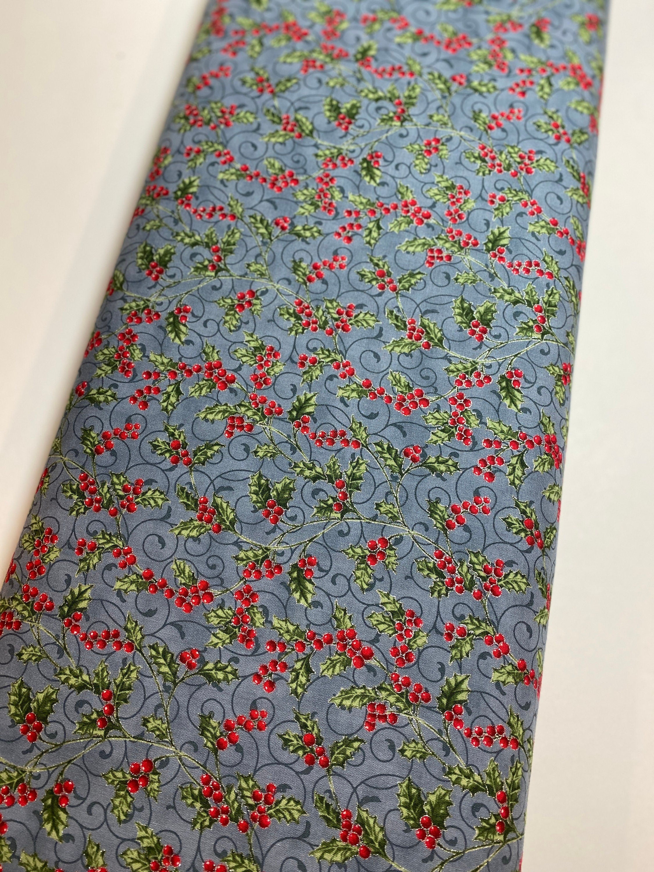 Winter Holiday Fabric -Holly Berries Storm/Silver  - 100% Quality Cotton by the Yard and Yardage Christmas