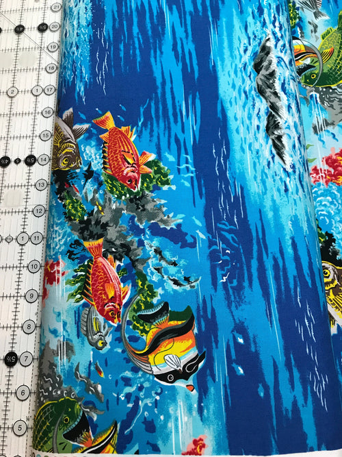 Beach Fabric Paradise Reef in AQUA - by Hoffman  - Fish Turtle Ocean - 100% Quality Cotton Rare by 1/4 Yd and Yardage