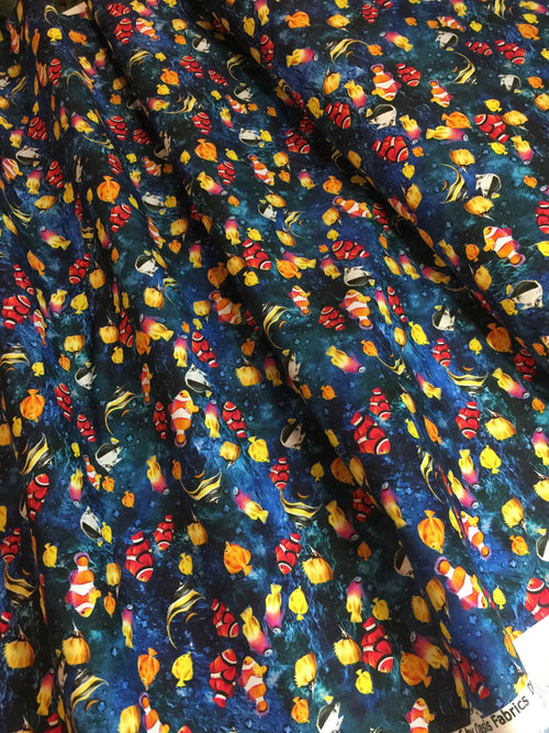 Coral Clown Fishies Fabric - Angel Fish -The Reef - FISHIES in Dark Blue by Oasis - Beach OA593831 -100% Quality Cotton - by Yard and Yardage
