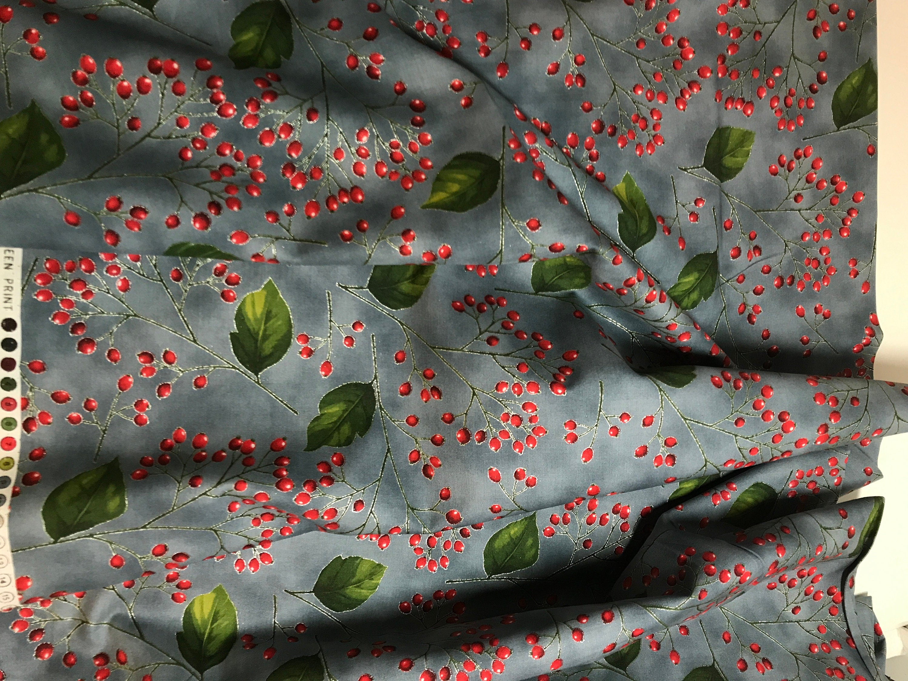 Winter Holiday Fabric -Holly Berries Storm/Silver 7641- 100% Quality Cotton by the Yard and Yardage