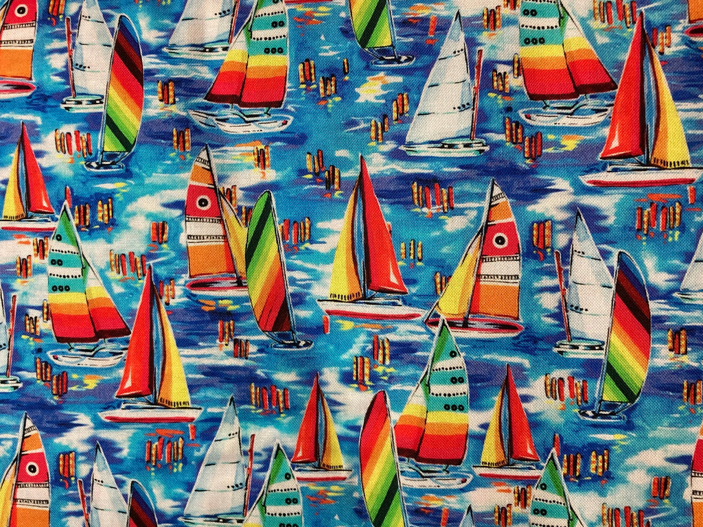 Beach Paradise Fabric - Yacht Blue - Beachy Keen by Oasis - Tropical House Sailboats Ocean Beach  -100% Quality Cotton FQ and Yardage