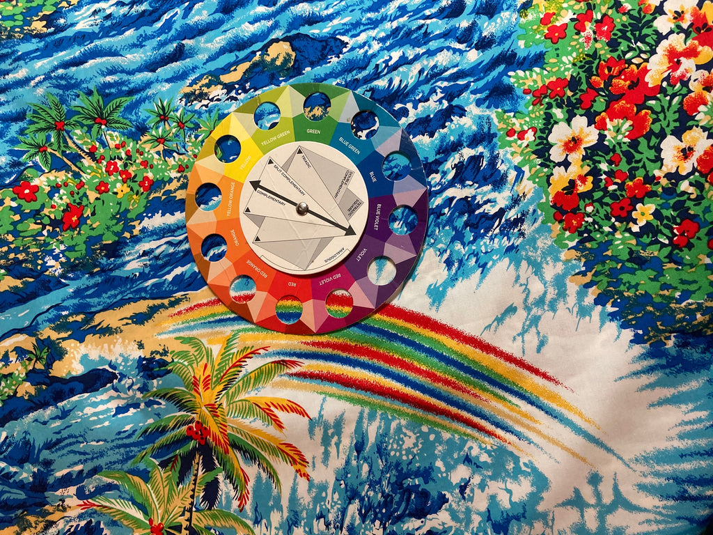 Beach Fabric Hawaiian in Blue - Hoffman Fabrics - Beach Ocean Rainbow Floral Palm Tree - 100% Quality Cotton 1/4 Yd and Yardage