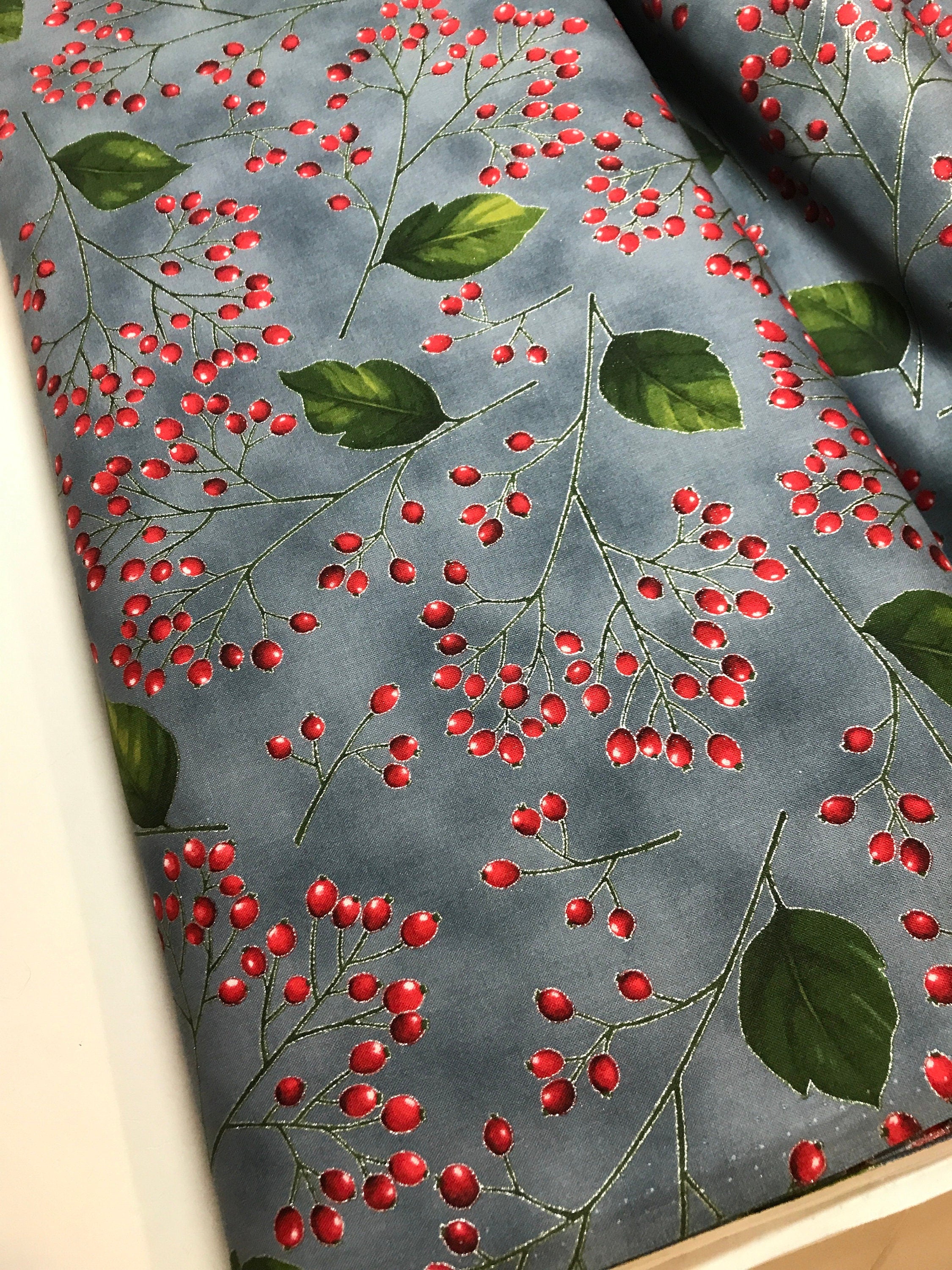 Winter Holiday Fabric -Holly Berries Storm/Silver 7641- 100% Quality Cotton by the Yard and Yardage
