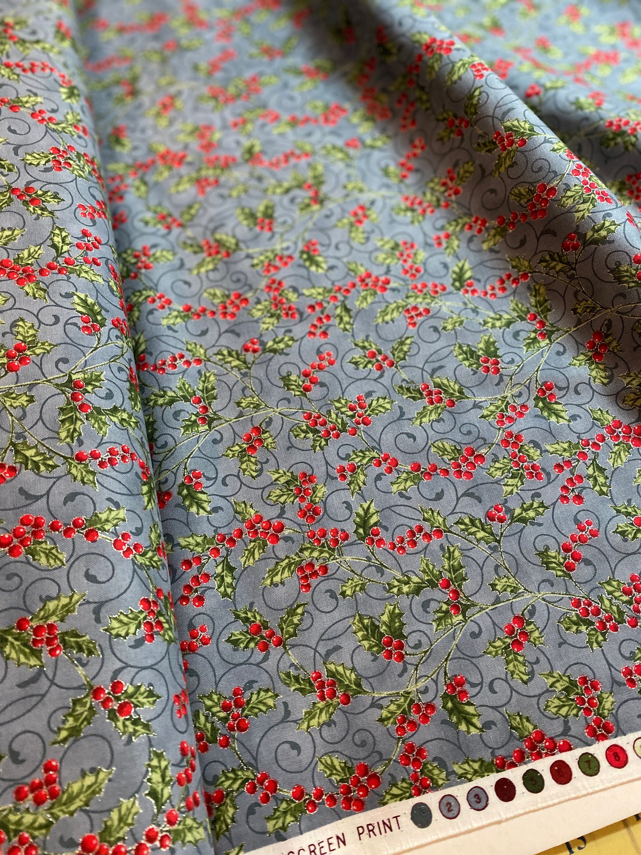 Winter Holiday Fabric -Holly Berries Storm/Silver  - 100% Quality Cotton by the Yard and Yardage Christmas