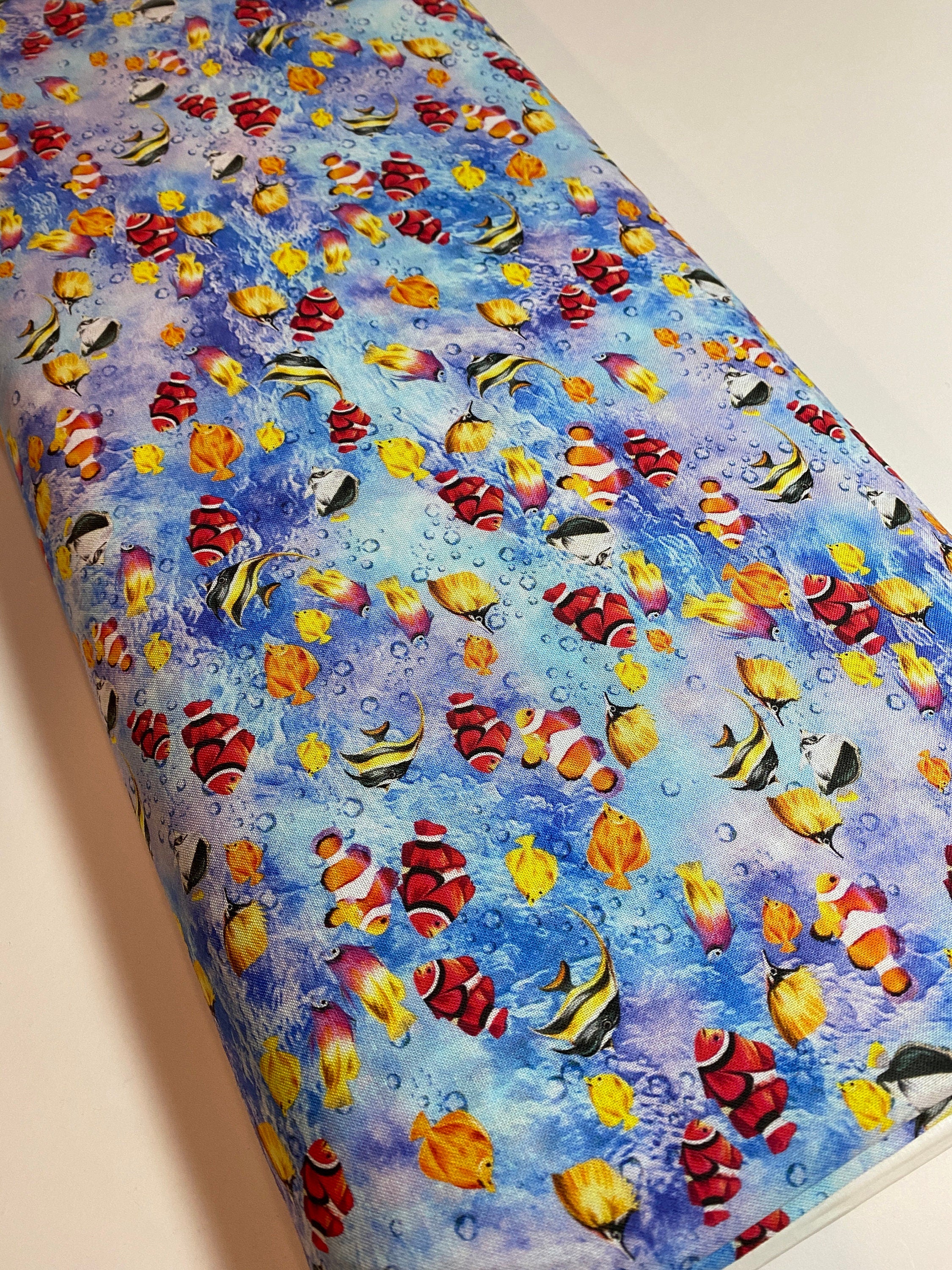 Coral Fish Fabric - Angel Fish - The Reef - FISHIES in Light Blue Oasis - Clown Fish Beach OA593832-100% Quality Cotton -by Yard and Yardage