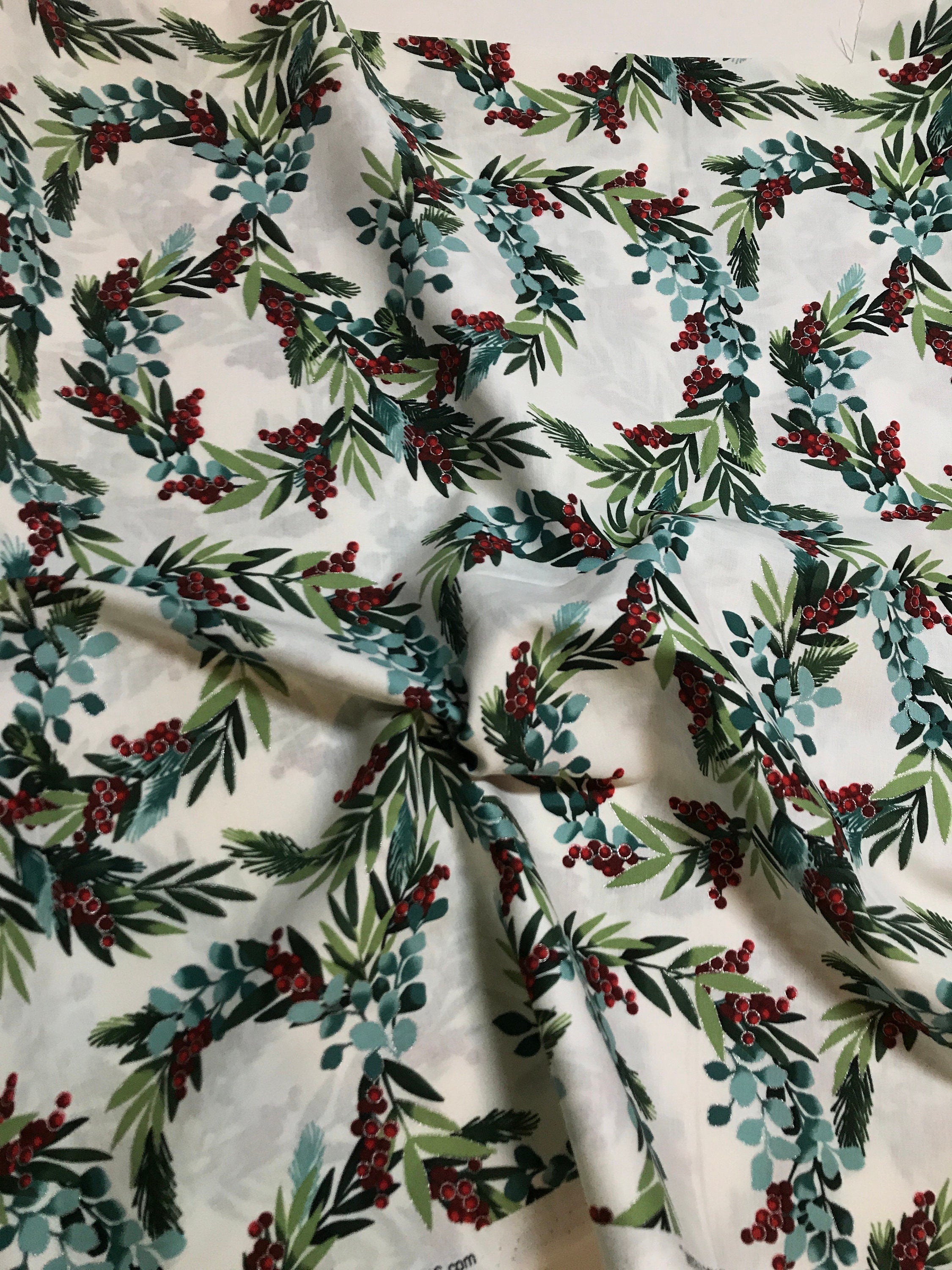 Winter Holiday Fabric -R7675 -Holiday Berry In Natural/Silver - 100% Quality Cotton by the Yard and Yardage Christmas