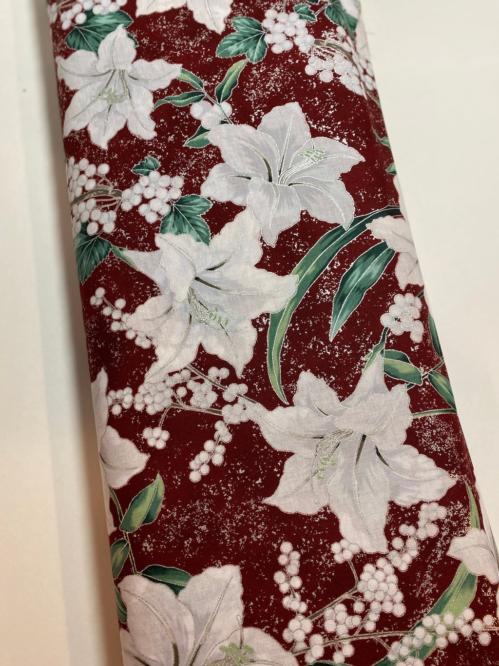 Winter Holiday Fabric -White Lilies R 7673 Garnet/Silver  - 100% Quality Cotton by the Yard and Yardage