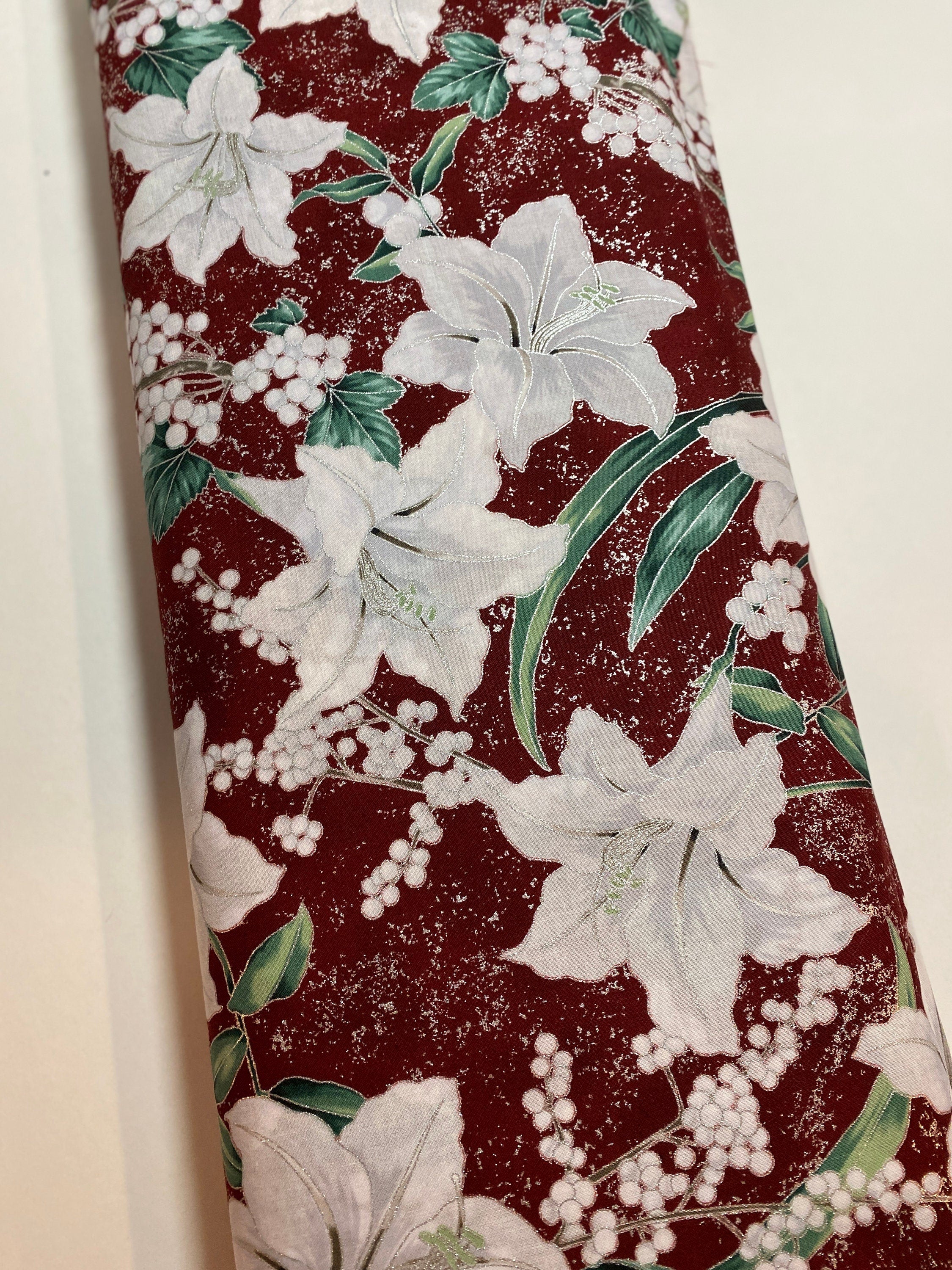 Winter Holiday Fabric -White Lilies R 7673 Garnet/Silver  - 100% Quality Cotton by the Yard and Yardage