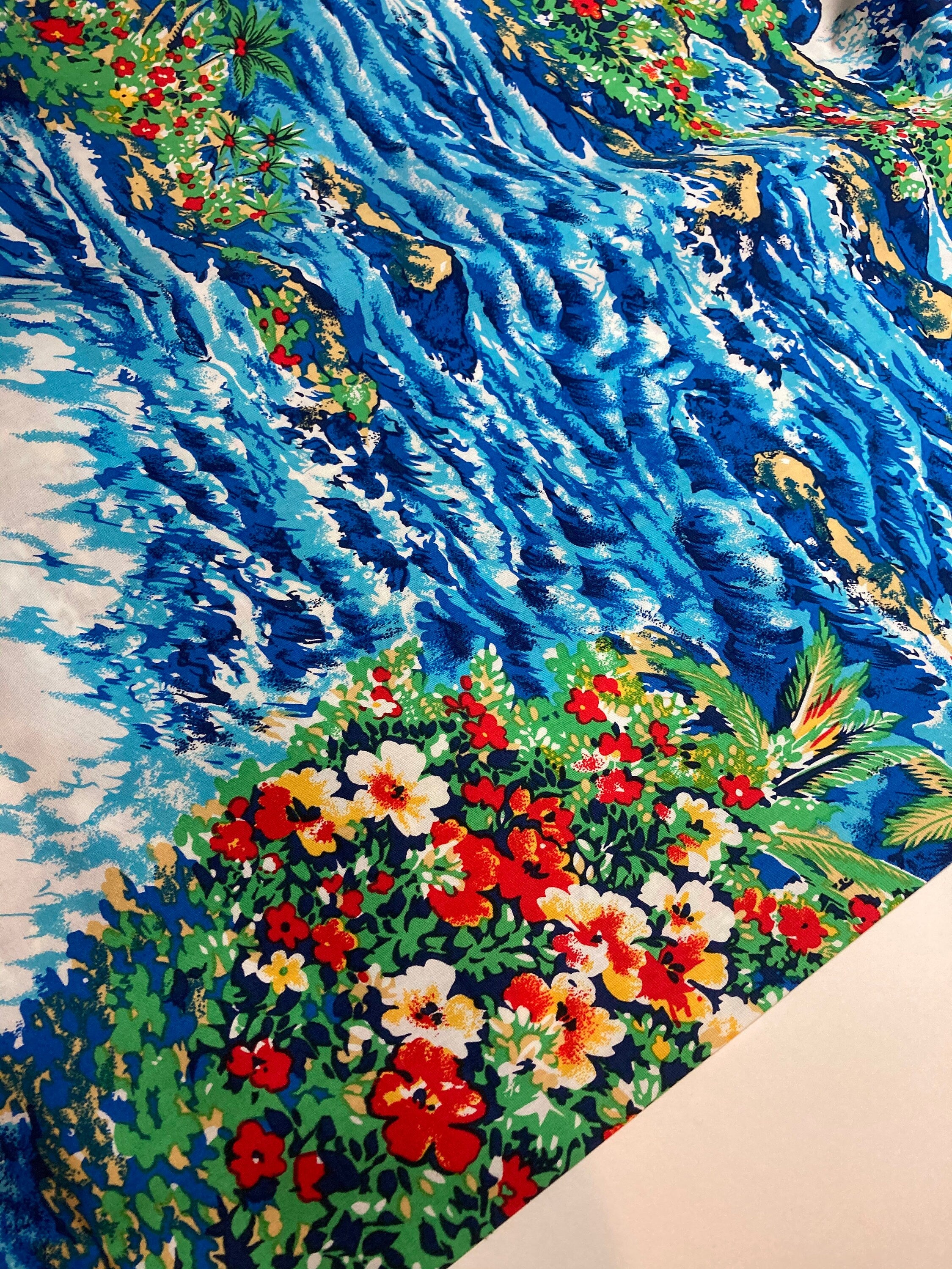 Beach Fabric Hawaiian in Blue - Hoffman Fabrics - Beach Ocean Rainbow Floral Palm Tree - 100% Quality Cotton 1/4 Yd and Yardage