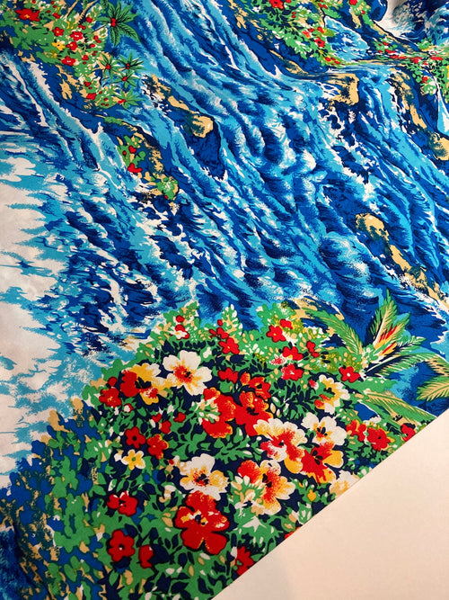 Beach Fabric Hawaiian in Blue - Hoffman Fabrics - Beach Ocean Rainbow Floral Palm Tree - 100% Quality Cotton 1/4 Yd and Yardage