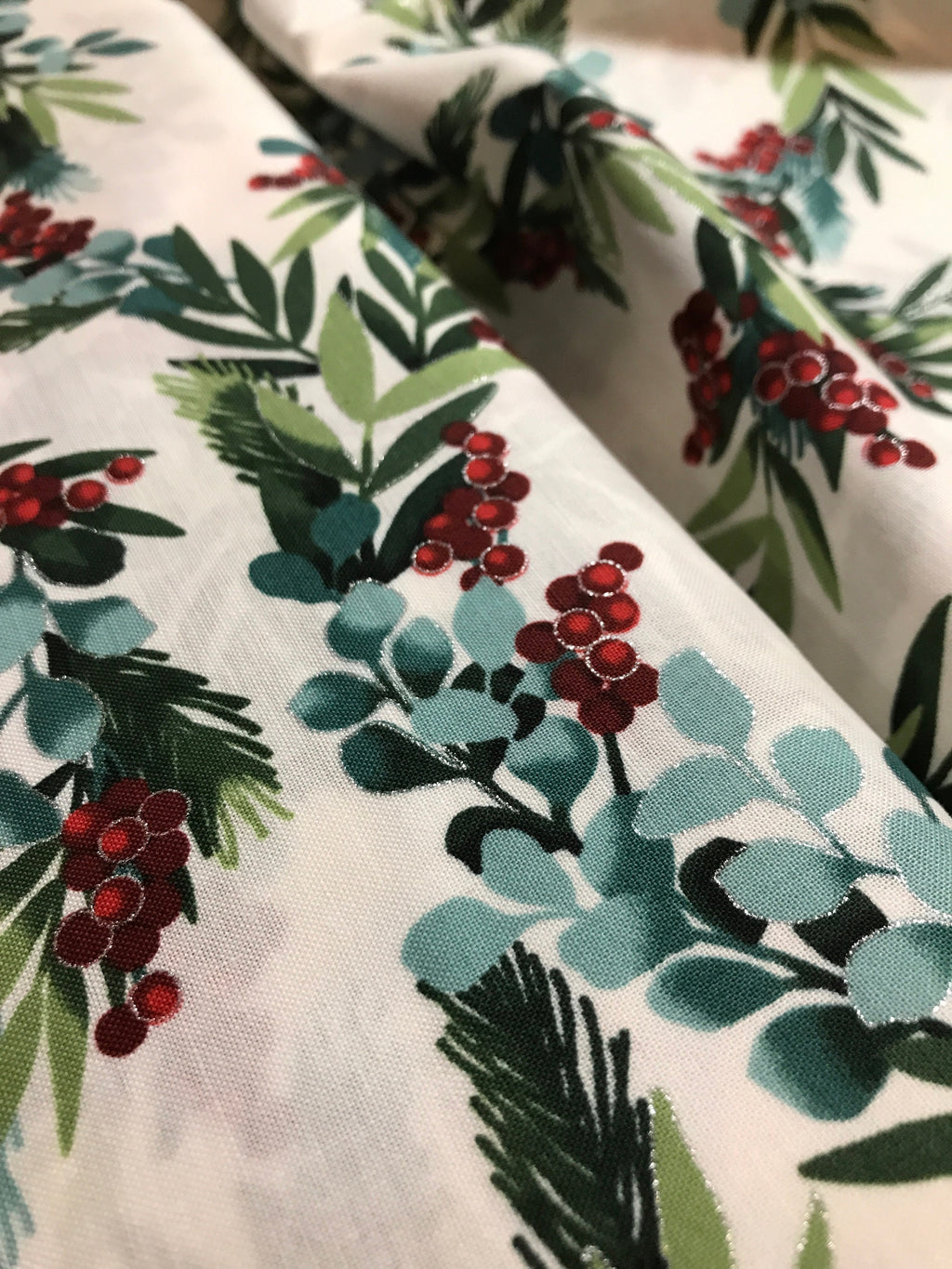 Winter Holiday Fabric -R7675 -Holiday Berry In Natural/Silver - 100% Quality Cotton by the Yard and Yardage Christmas