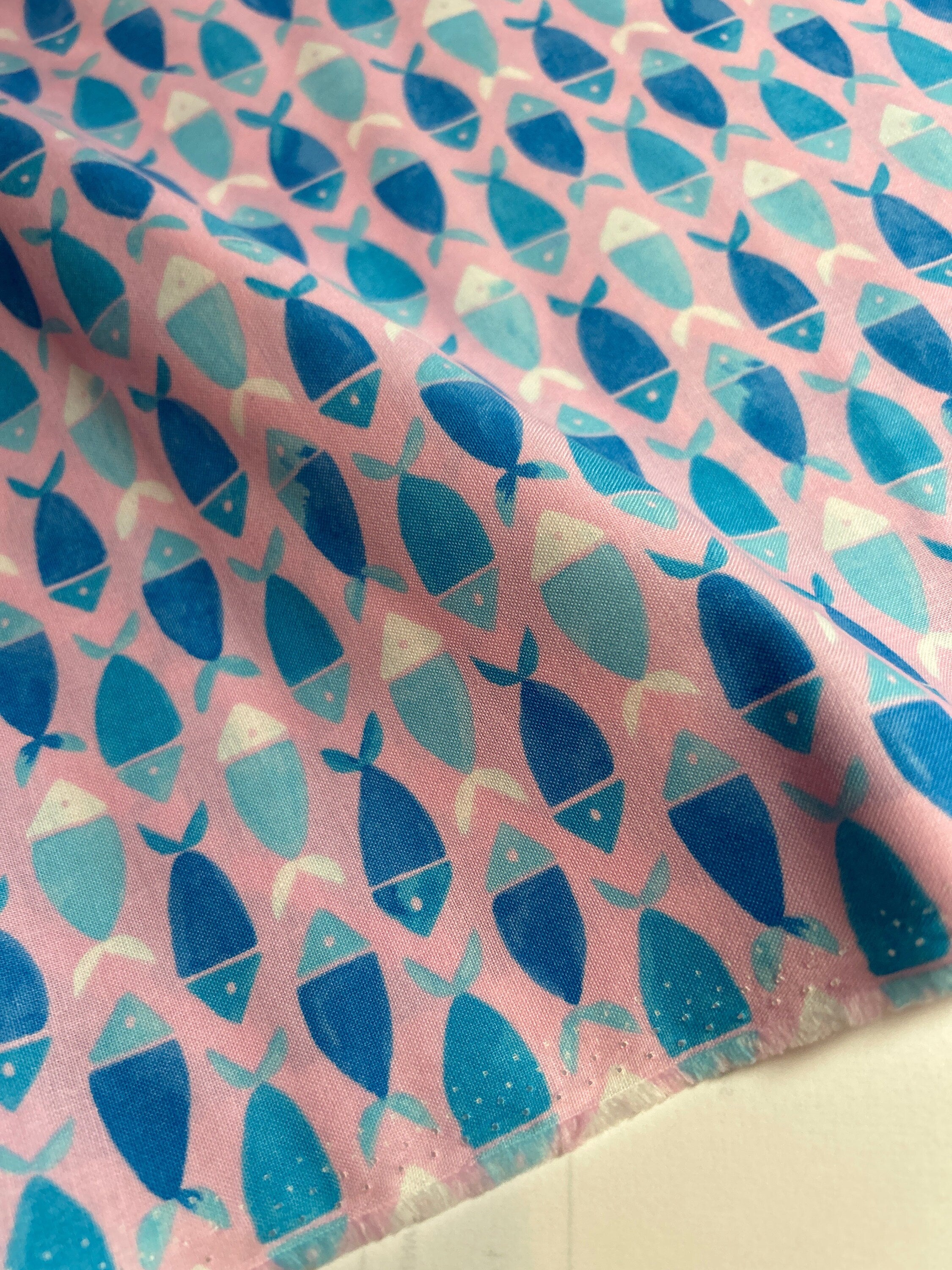 Fish Fabric Artic Swim by Katy Tinsh for Blend Fabrics 124.106.05.2 Fish School Navy on Pink  - 100% Quality Cotton 1/2 YD or Yardage