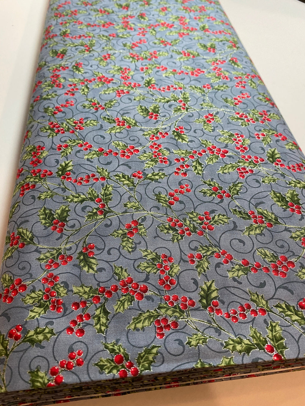 Winter Holiday Fabric -Holly Berries Storm/Silver  - 100% Quality Cotton by the Yard and Yardage Christmas