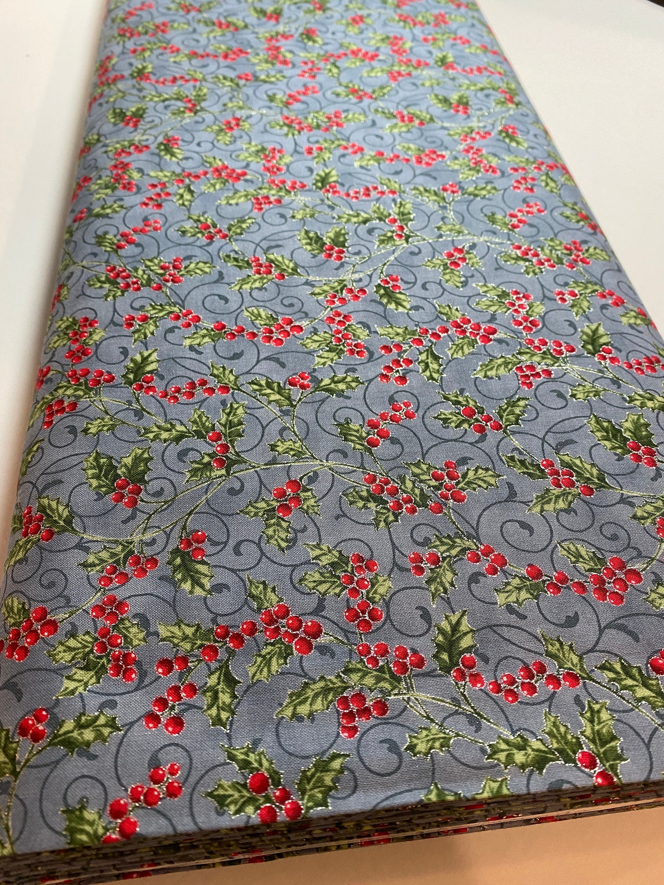 Winter Holiday Fabric -Holly Berries Storm/Silver  - 100% Quality Cotton by the Yard and Yardage Christmas