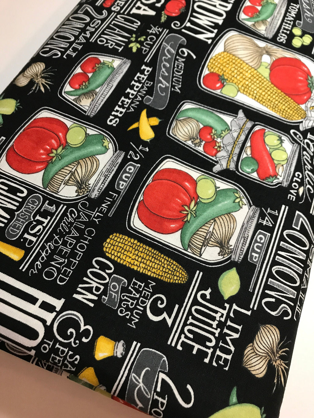 Garden Fabric - HOMEGROWN Salsa for Moda 19970 14 Recipes in Black Homegrown Salsa by Deb Strain Food Cooking - 100% Quality Cotton Yardage