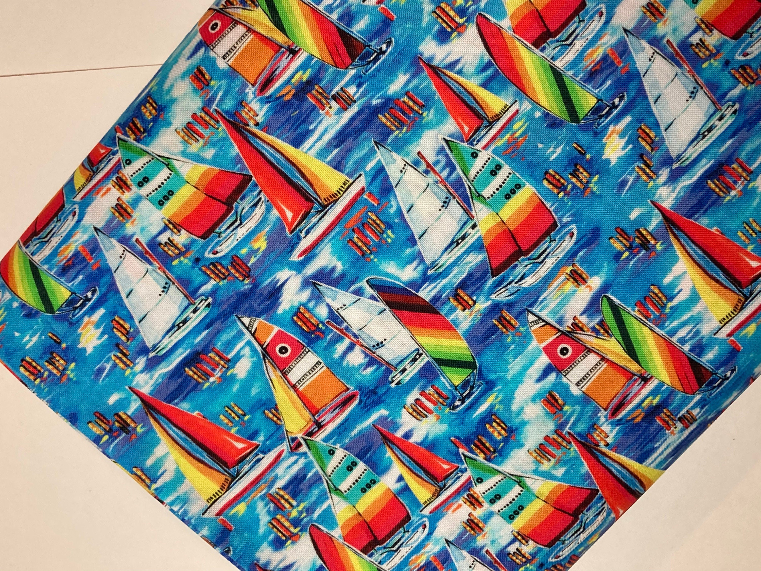 Beach Paradise Fabric - Yacht Blue - Beachy Keen by Oasis - Tropical House Sailboats Ocean Beach  -100% Quality Cotton FQ and Yardage