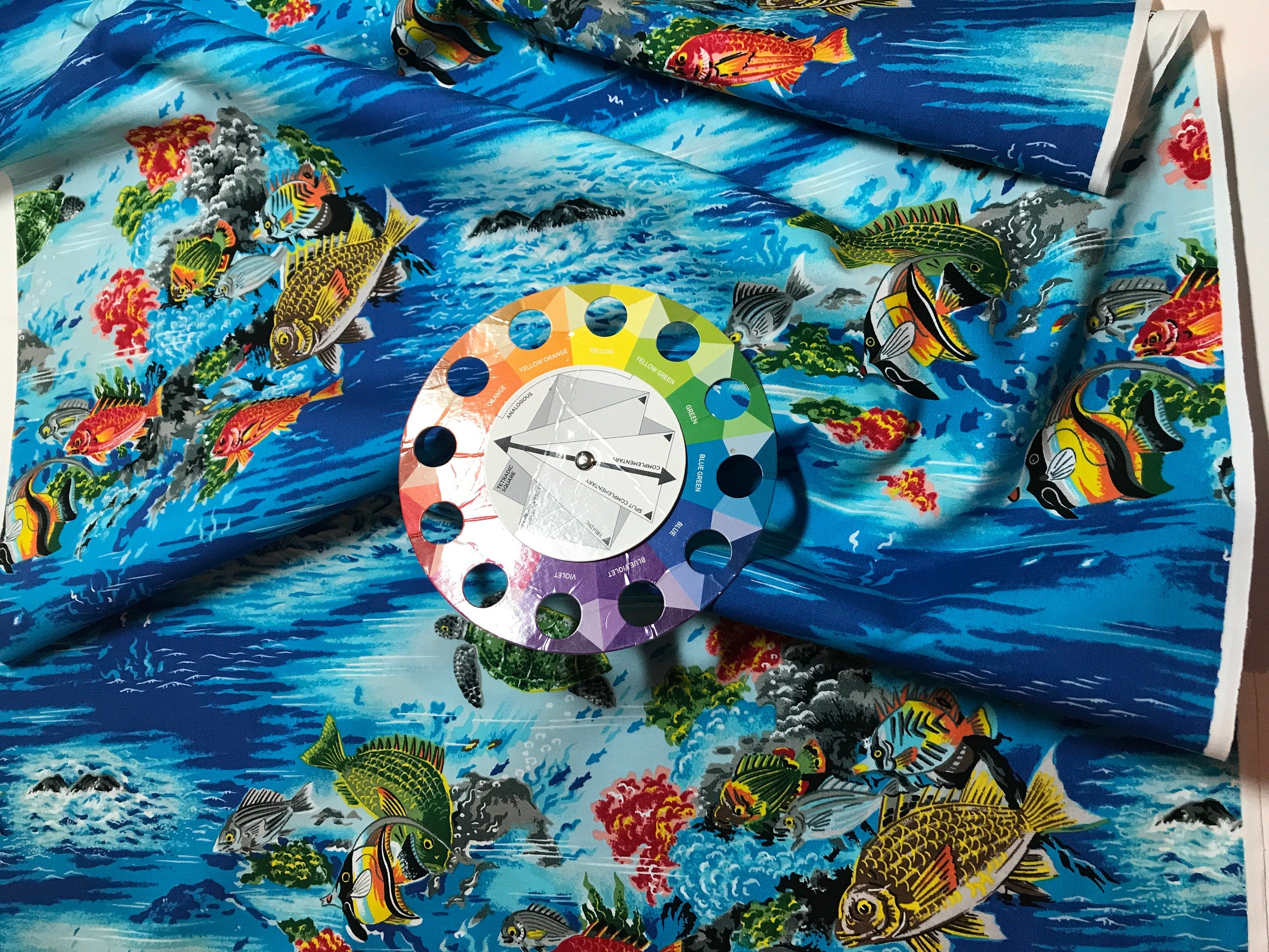 Beach Fabric Paradise Reef in AQUA - by Hoffman  - Fish Turtle Ocean - 100% Quality Cotton Rare by 1/4 Yd and Yardage