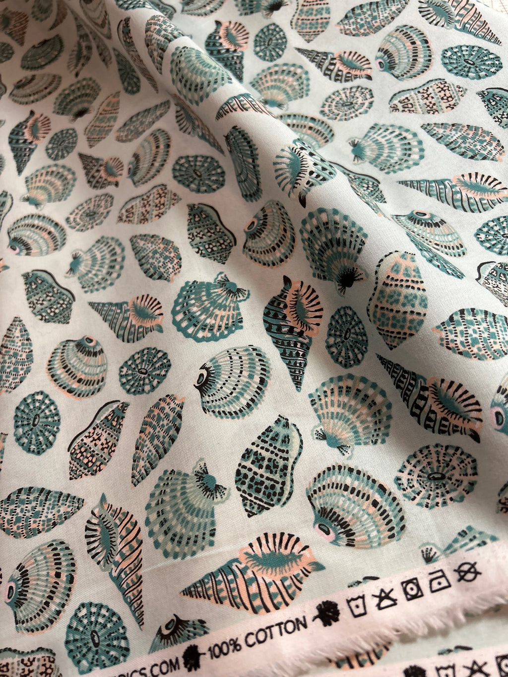 Tropical Fabric - Sea Shell Botanical by Figo - 90242-60 Scallop Hawaiian Island California Beach - 100% Quality Cotton Yard