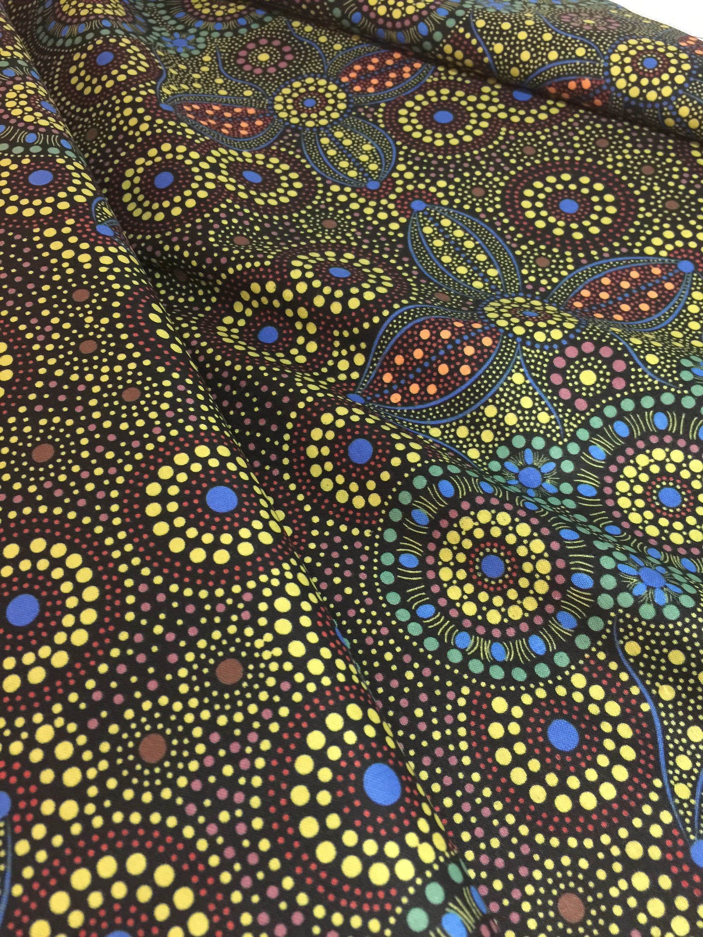 Australian Fabric - Spirit Place in BLACK Stunning Abstract- Aboriginal Ethnic Surf Spiritual 100% Quality Cotton by MS Textiles YARDAGE