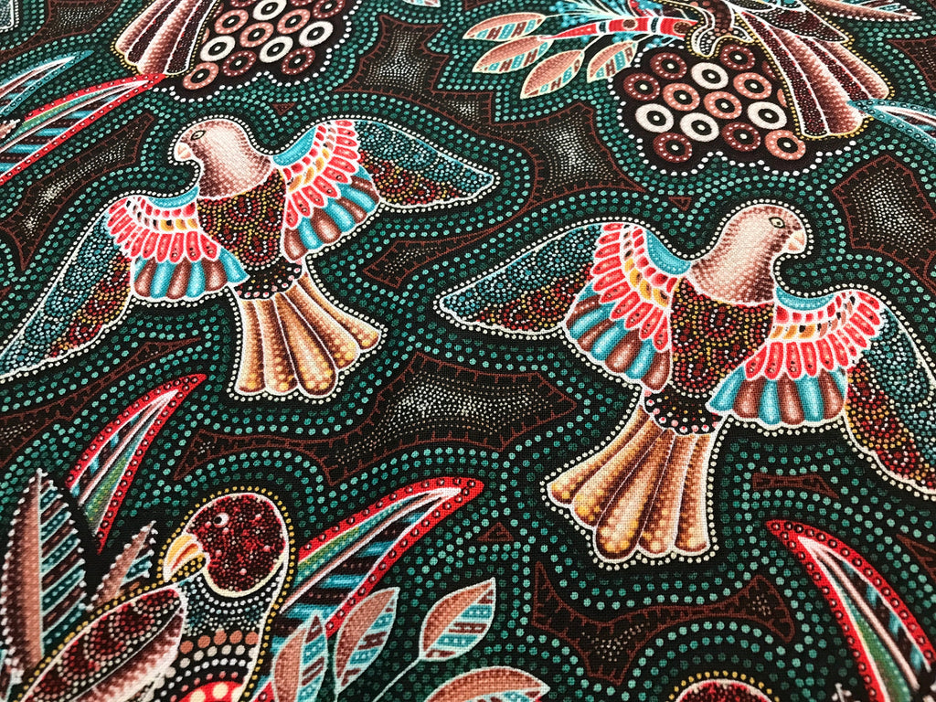Australian Fabric - Gondwana Birds Green - Magpie - 100% Cotton by Oasis Fabrics- by Yard and Yardage