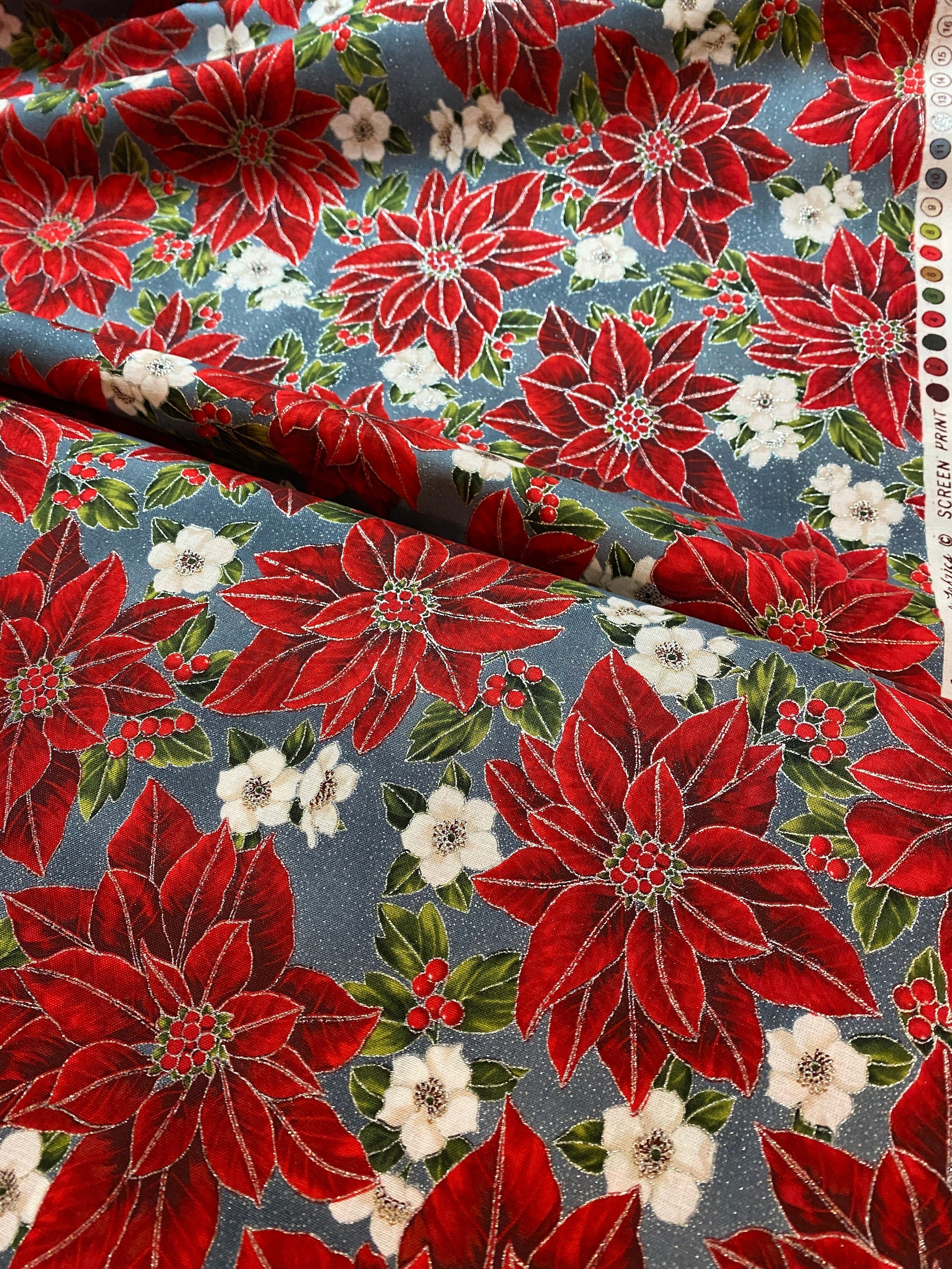 Winter Holiday Fabric -Poinsettias 97635 Storm/Silver Color 147S - 100% Quality Cotton
