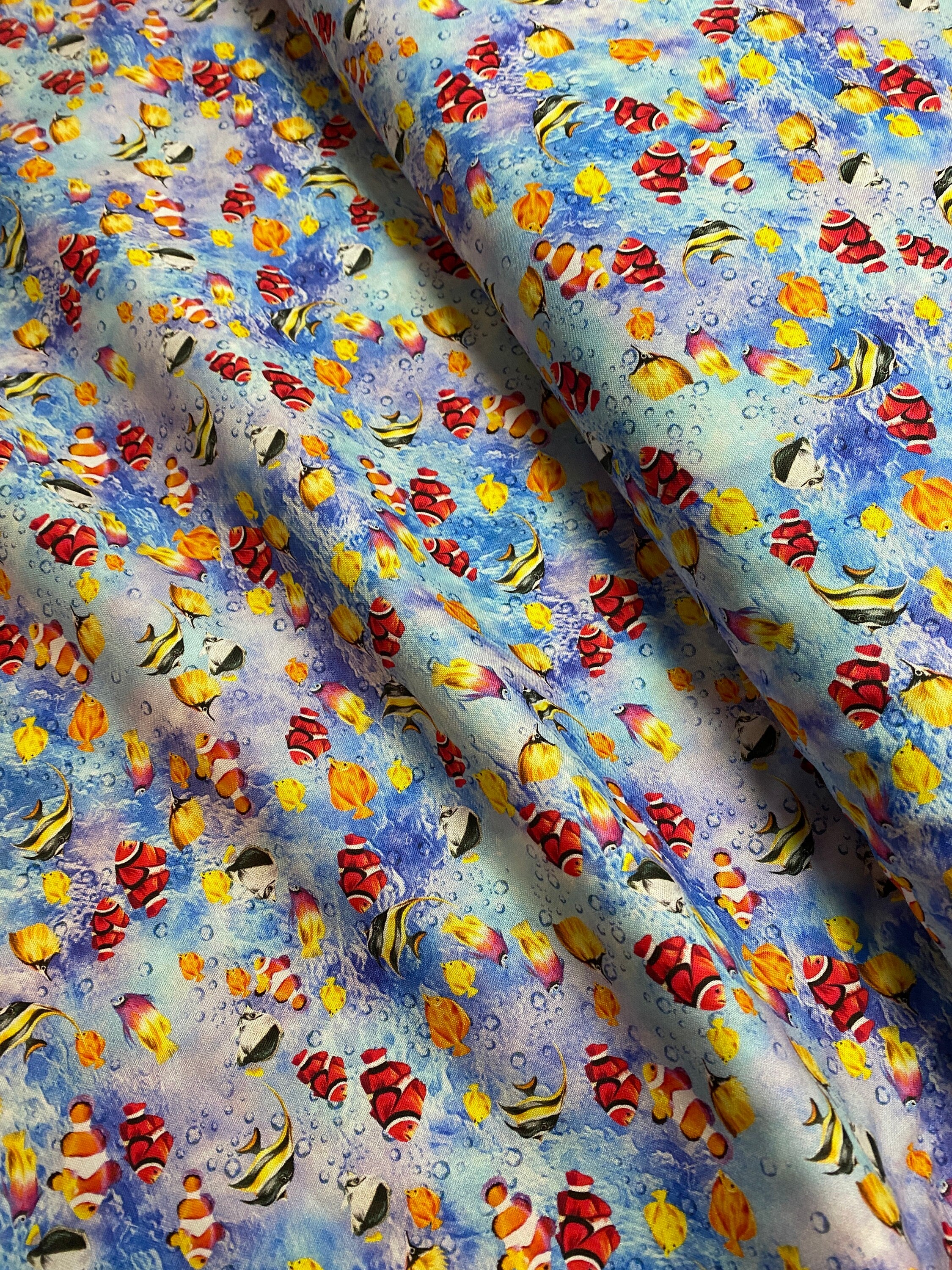 Coral Fish Fabric - Angel Fish - The Reef - FISHIES in Light Blue Oasis - Clown Fish Beach OA593832-100% Quality Cotton -by Yard and Yardage