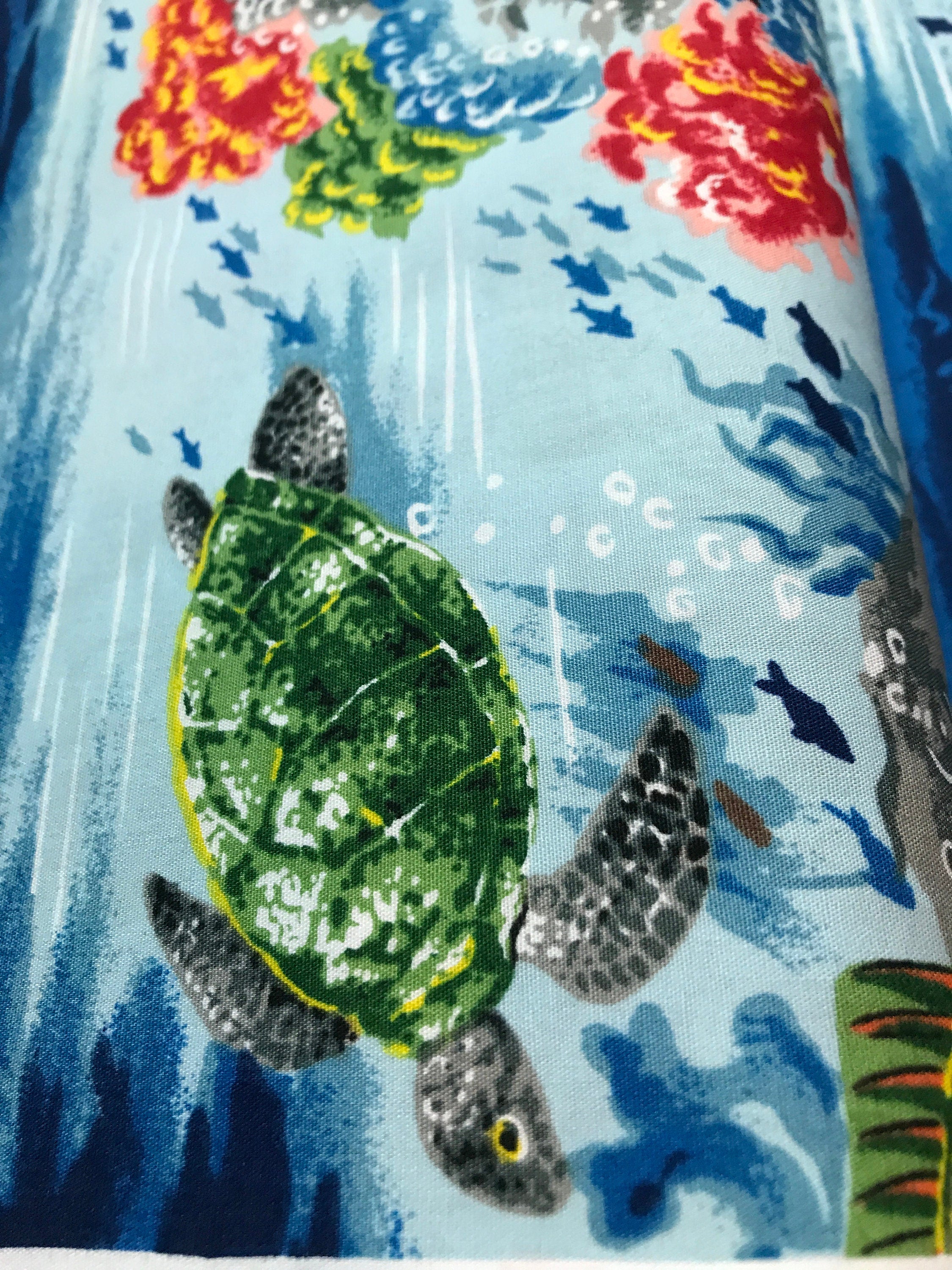 Beach Fabric Paradise Reef in AQUA - by Hoffman  - Fish Turtle Ocean - 100% Quality Cotton Rare by 1/4 Yd and Yardage