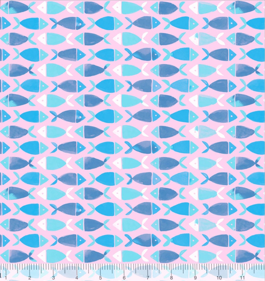 Fish Fabric Artic Swim by Katy Tinsh for Blend Fabrics 124.106.05.2 Fish School Navy on Pink  - 100% Quality Cotton 1/2 YD or Yardage