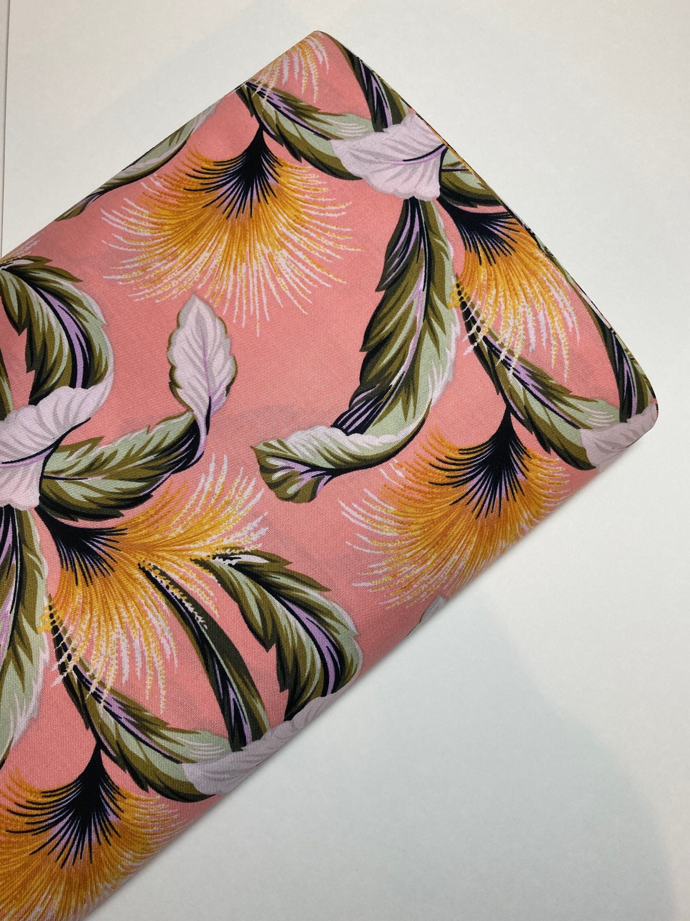 Tropical Foliage Fabric on Pink Fabric - Tropicals and Conversationals - Hoffman Fabrics- 100% Quality Cotton