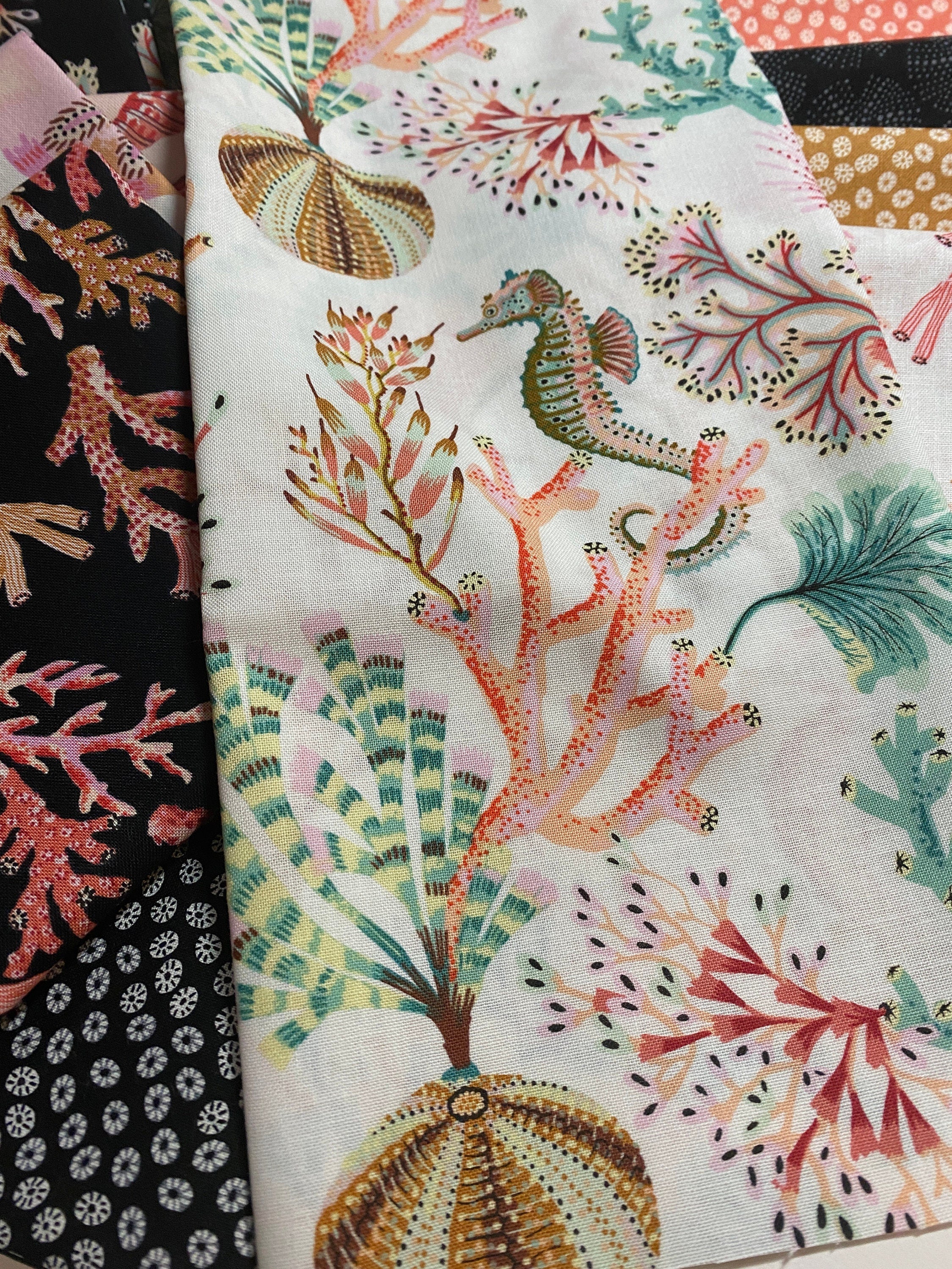 Sea Botanica FQ Bundle Fabric by Figo Tropical Ocean Seahorse  Florida Keys - Tropical Hawaiian Island OBX - 100% Quality Cotton 14 PC Fat 1/4 Bundle