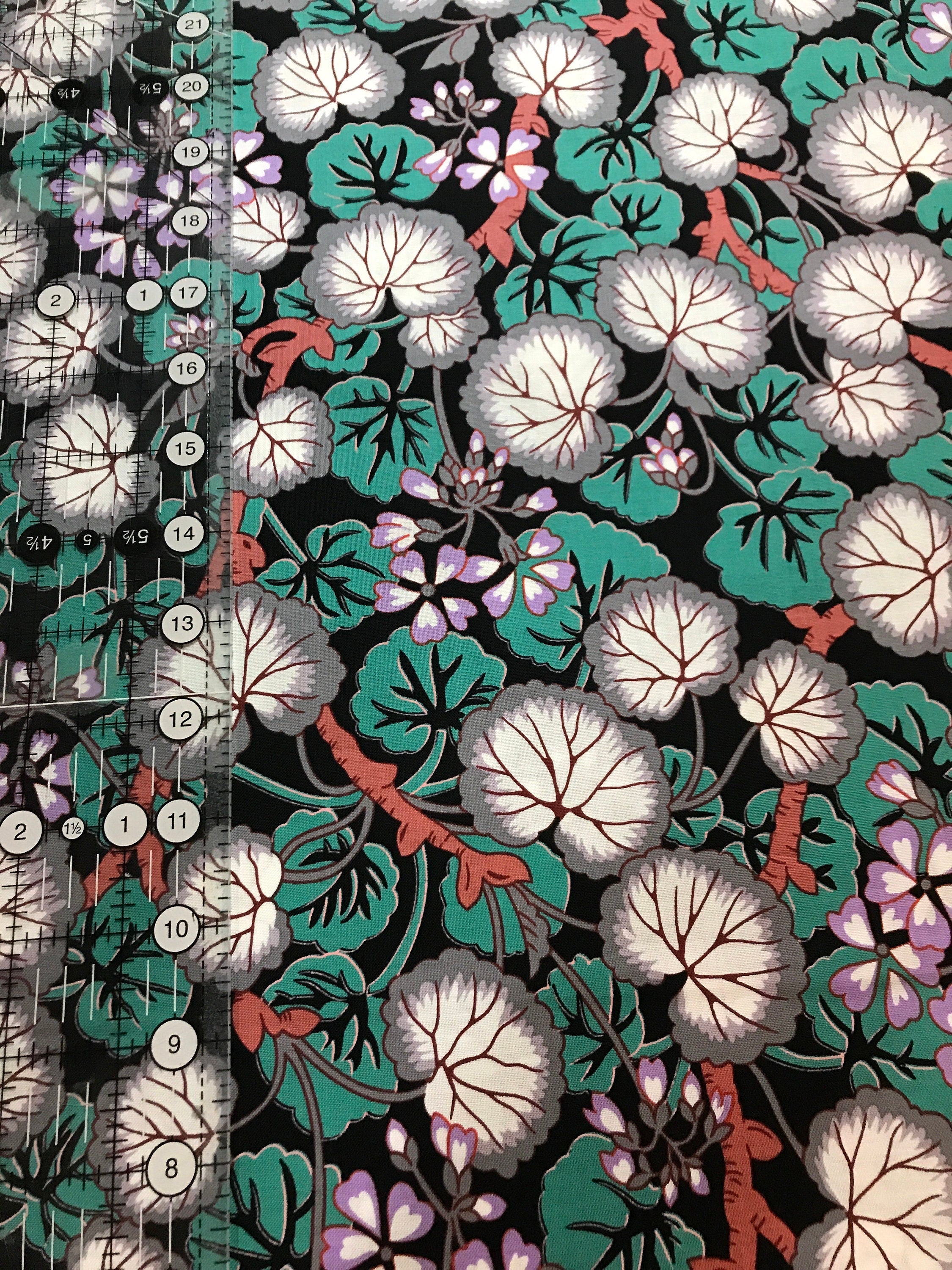 Kaffe Fassett Fabric - Climbing Geraniums in Black - Fall Collective 2021 by FreeSpirit -100%  Quality Cotton by the FQ, 1/2 Yd and YARDAGE
