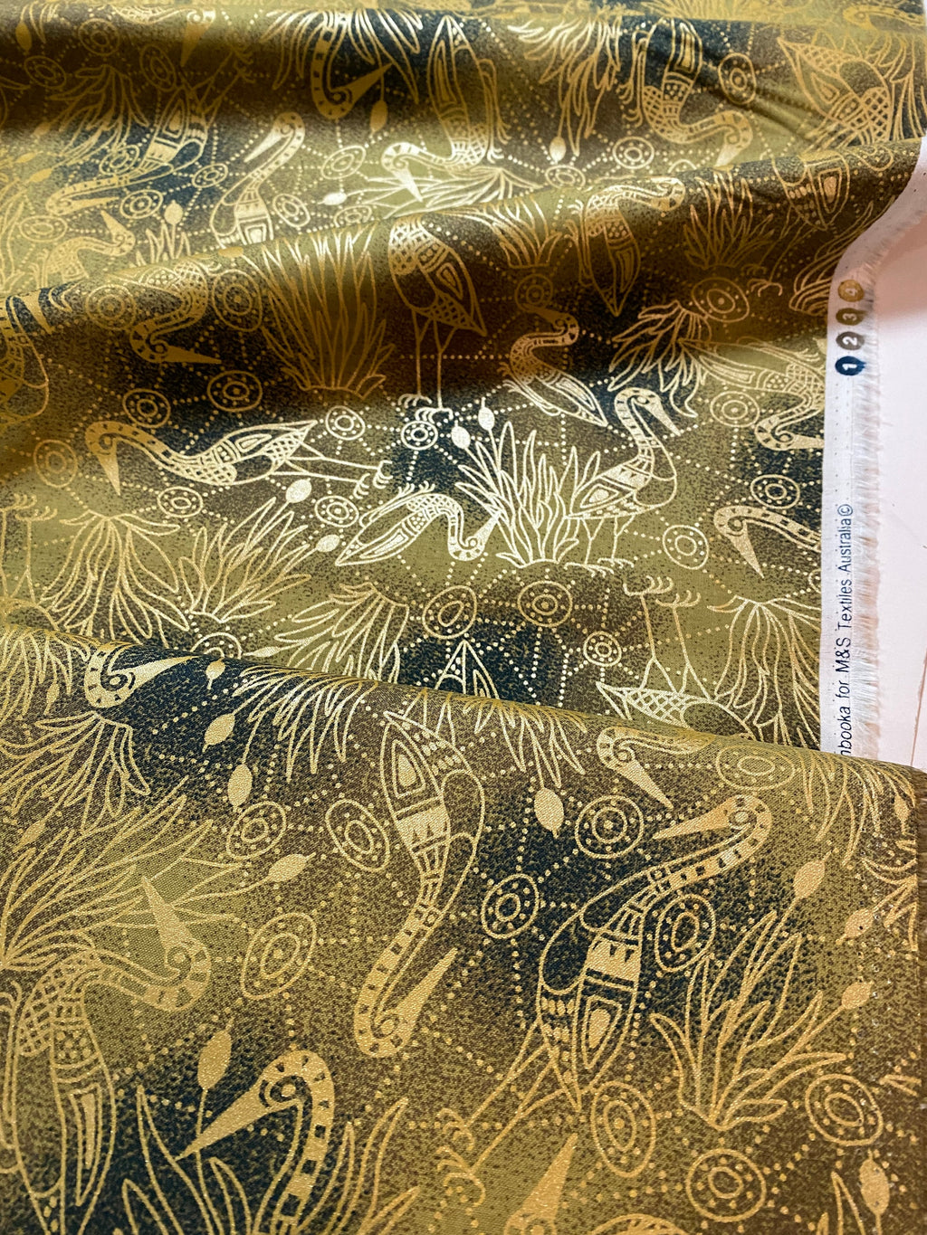 Australian Fabric -Brolga Dreaming Green with Metallic Gold by Nambooka - 100% Cotton M&S Textiles by 1/2 YD and Yardage