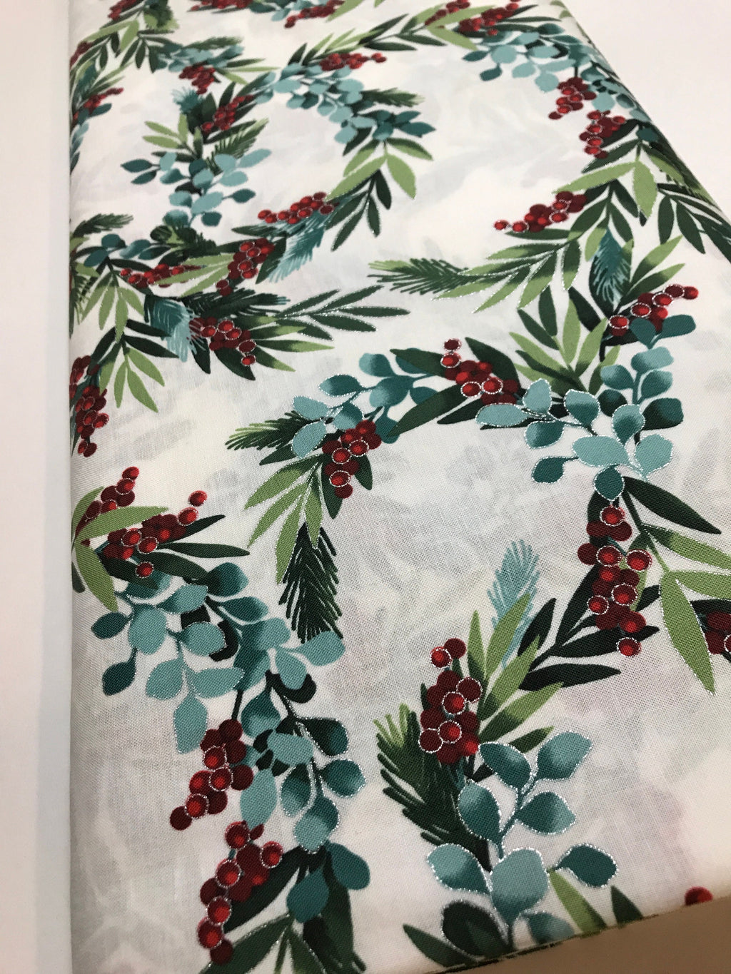 Winter Holiday Fabric -R7675 -Holiday Berry In Natural/Silver - 100% Quality Cotton by the Yard and Yardage Christmas