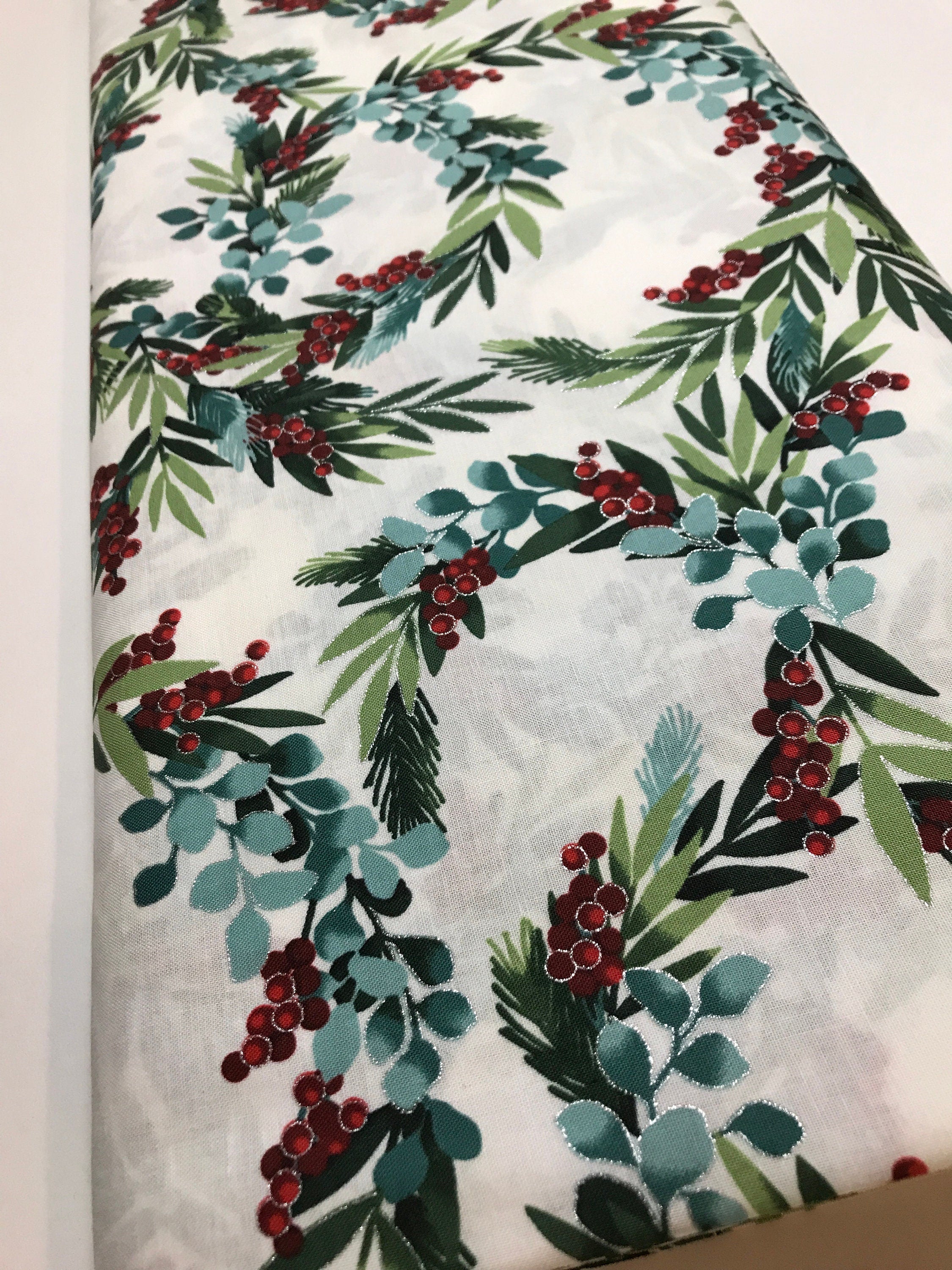 Winter Holiday Fabric -R7675 -Holiday Berry In Natural/Silver - 100% Quality Cotton by the Yard and Yardage Christmas