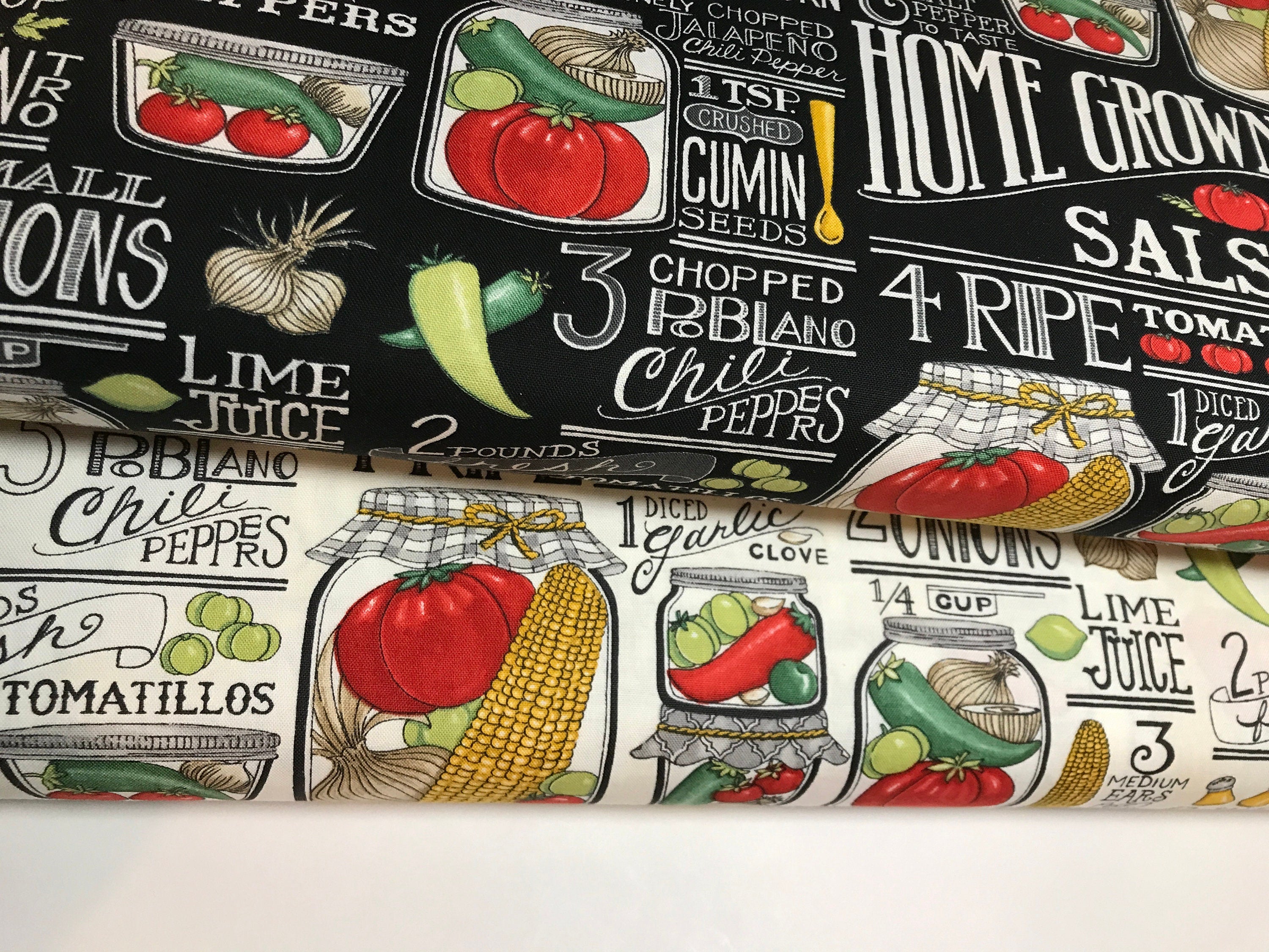 Garden Fabric - HOMEGROWN Salsa for Moda 19970 14 Recipes in Black Homegrown Salsa by Deb Strain Food Cooking - 100% Quality Cotton Yardage