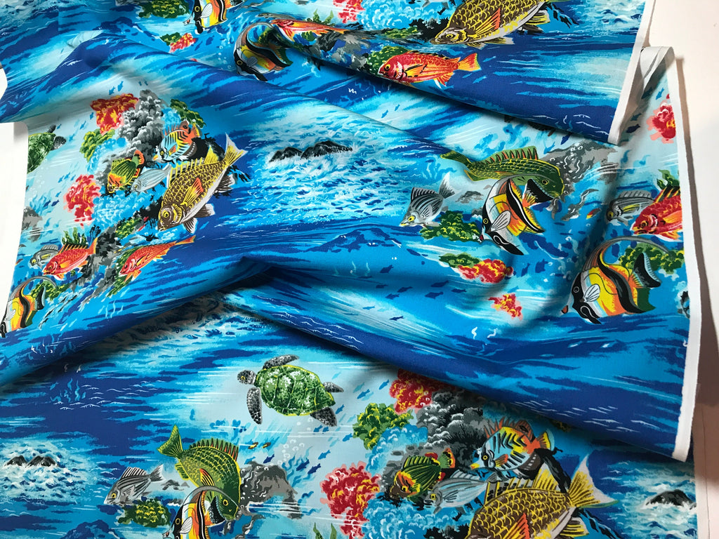 Beach Fabric Paradise Reef in AQUA - by Hoffman  - Fish Turtle Ocean - 100% Quality Cotton Rare by 1/4 Yd and Yardage