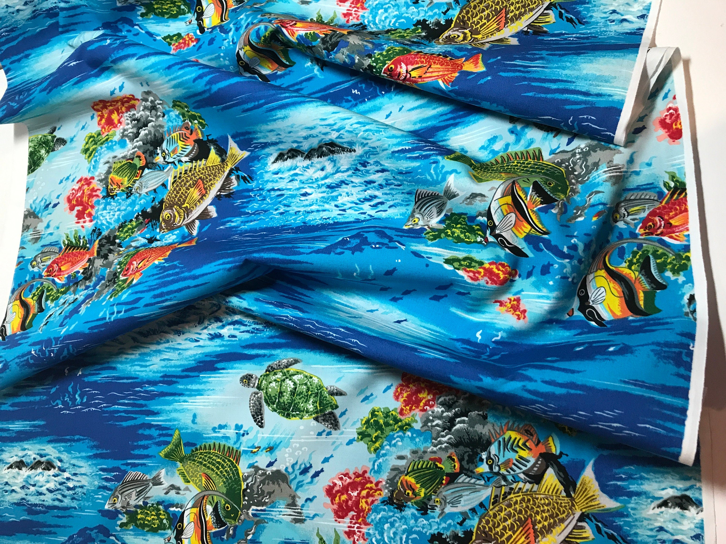 Beach Fabric Paradise Reef in AQUA - by Hoffman  - Fish Turtle Ocean - 100% Quality Cotton Rare by 1/4 Yd and Yardage