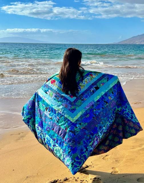 New! Quilt Kaffe Fassett - "Ocean Flower Quilt Kit™ " Log Cabin 78"x82" Hawaiian Tropical Beach  -100% Cotton or Rare Heirloom Finished Quilt