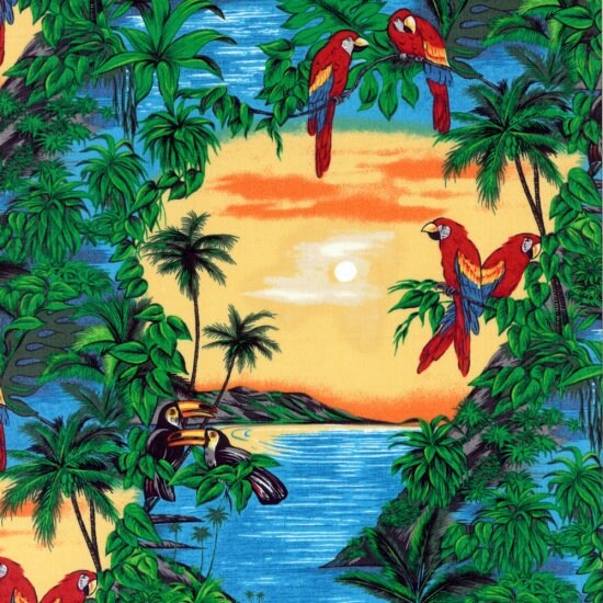 Parrots and Toucans on Sunset fabric - Tropicals and Conversationals - Hoffman CA  - 100% Quality Cotton Yardage