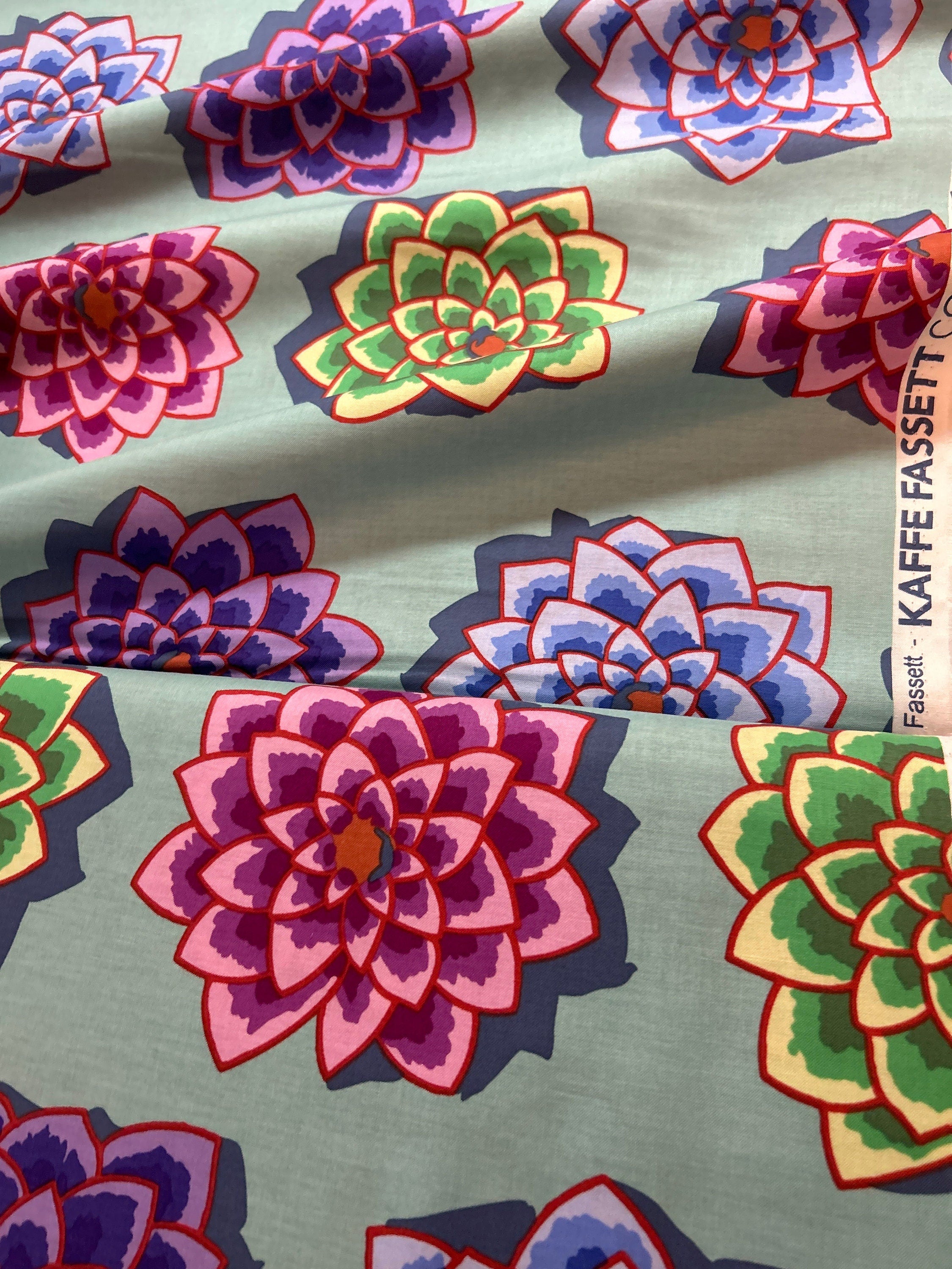 Kaffe Fassett Fabric  - Shadow Flower in Aqua PWGP187 - 100% High Quality Cotton -By the 1/2 Yard and Yardage