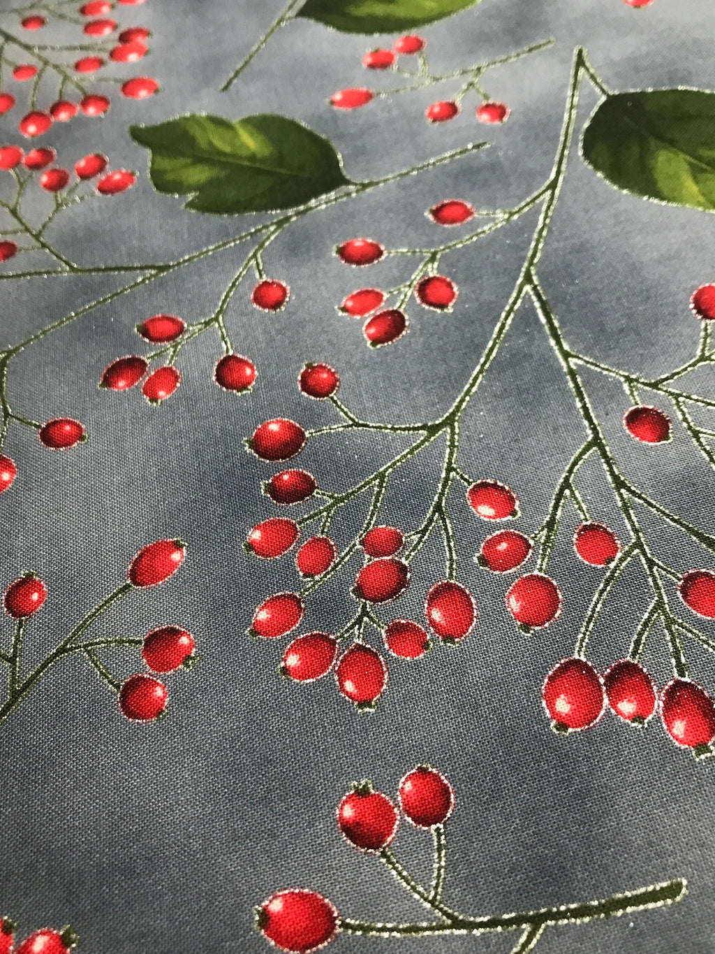 Winter Holiday Fabric -Holly Berries Storm/Silver 7641- 100% Quality Cotton by the Yard and Yardage
