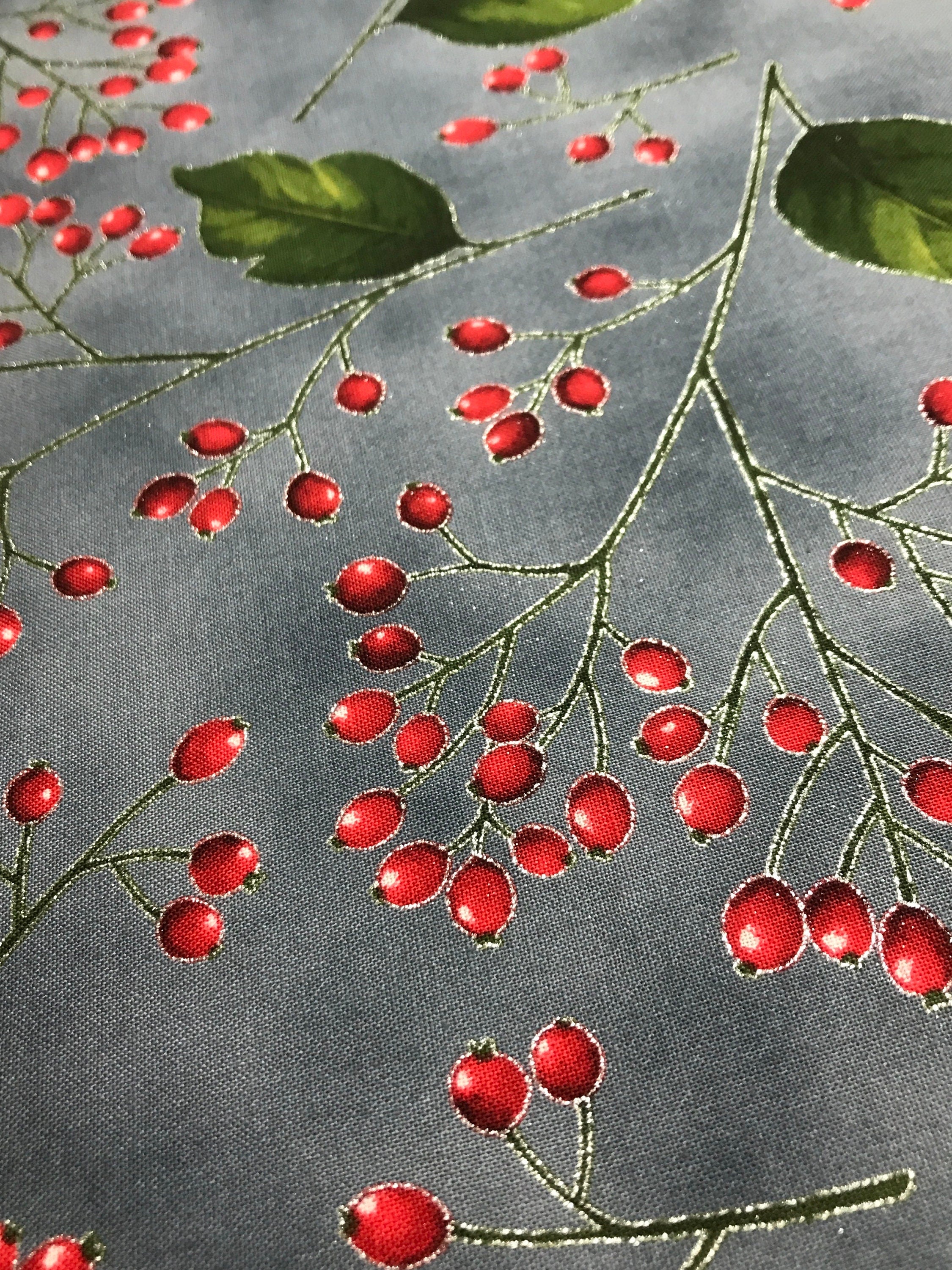 Winter Holiday Fabric -Holly Berries Storm/Silver 7641- 100% Quality Cotton by the Yard and Yardage