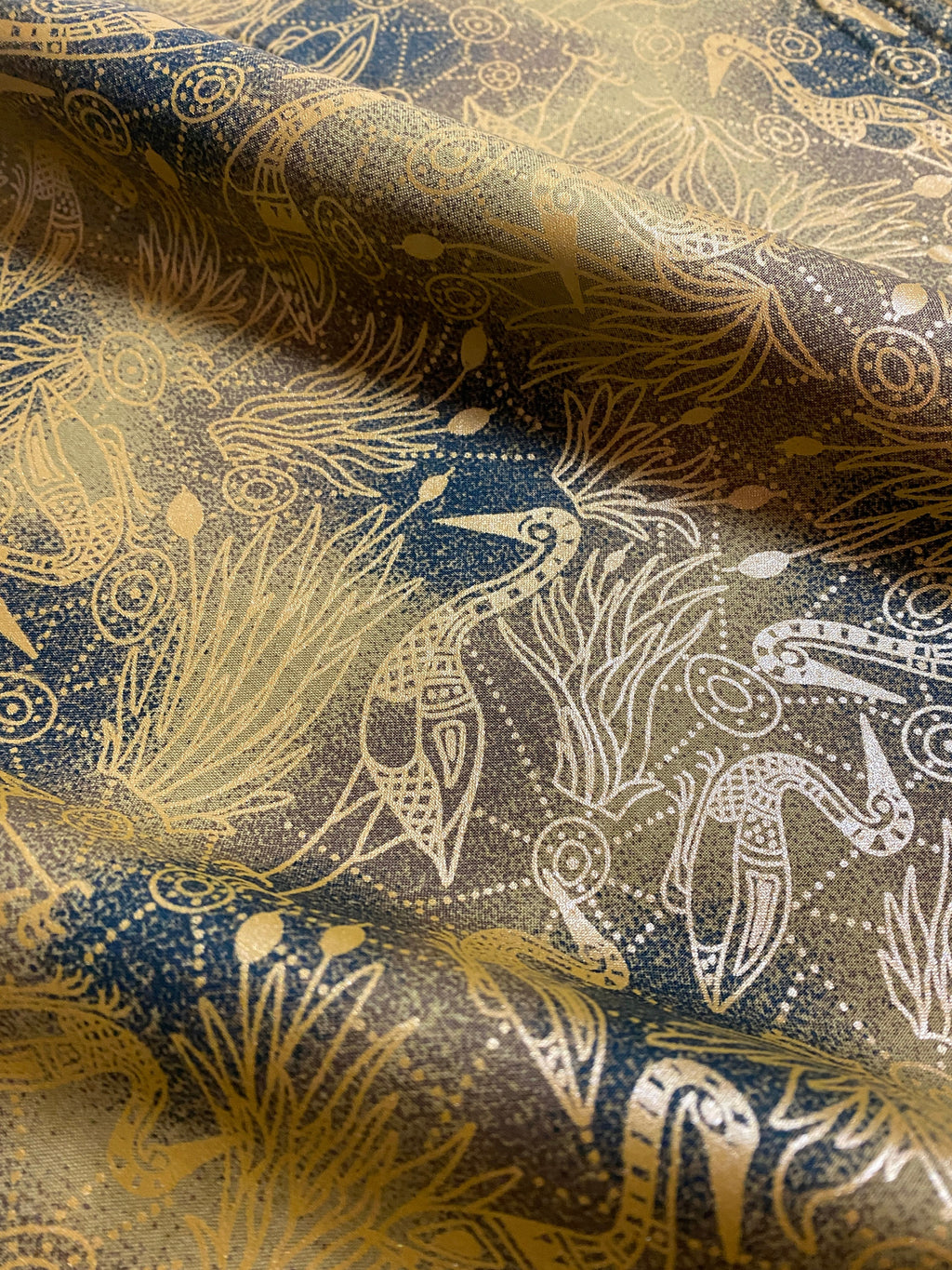Australian Fabric -Brolga Dreaming Green with Metallic Gold by Nambooka - 100% Cotton M&S Textiles by 1/2 YD and Yardage