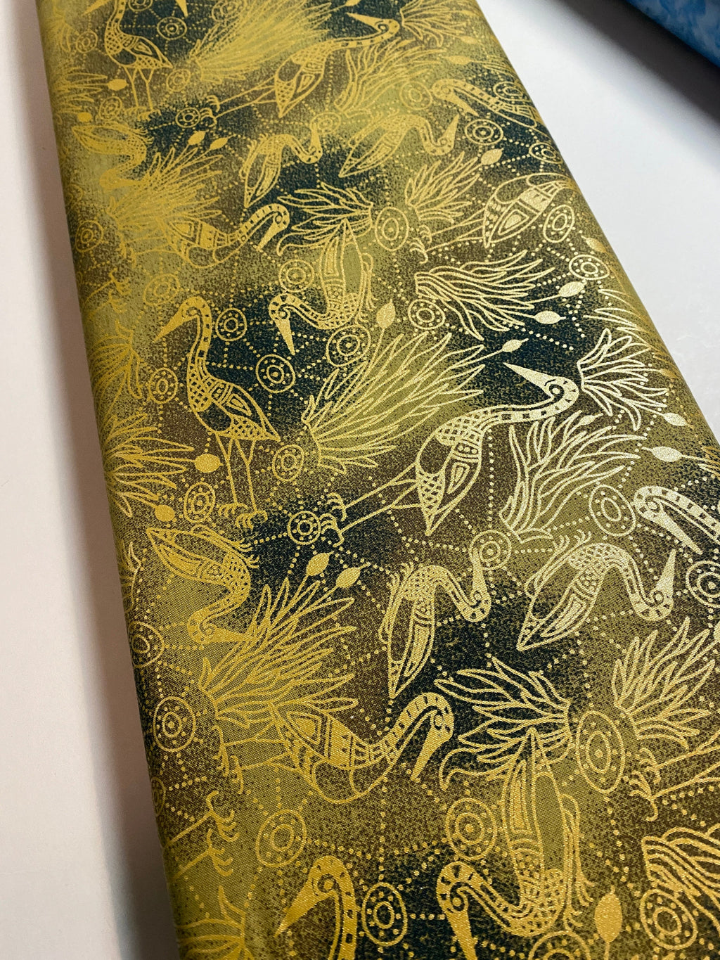 Australian Fabric -Brolga Dreaming Green with Metallic Gold by Nambooka - 100% Cotton M&S Textiles by 1/2 YD and Yardage