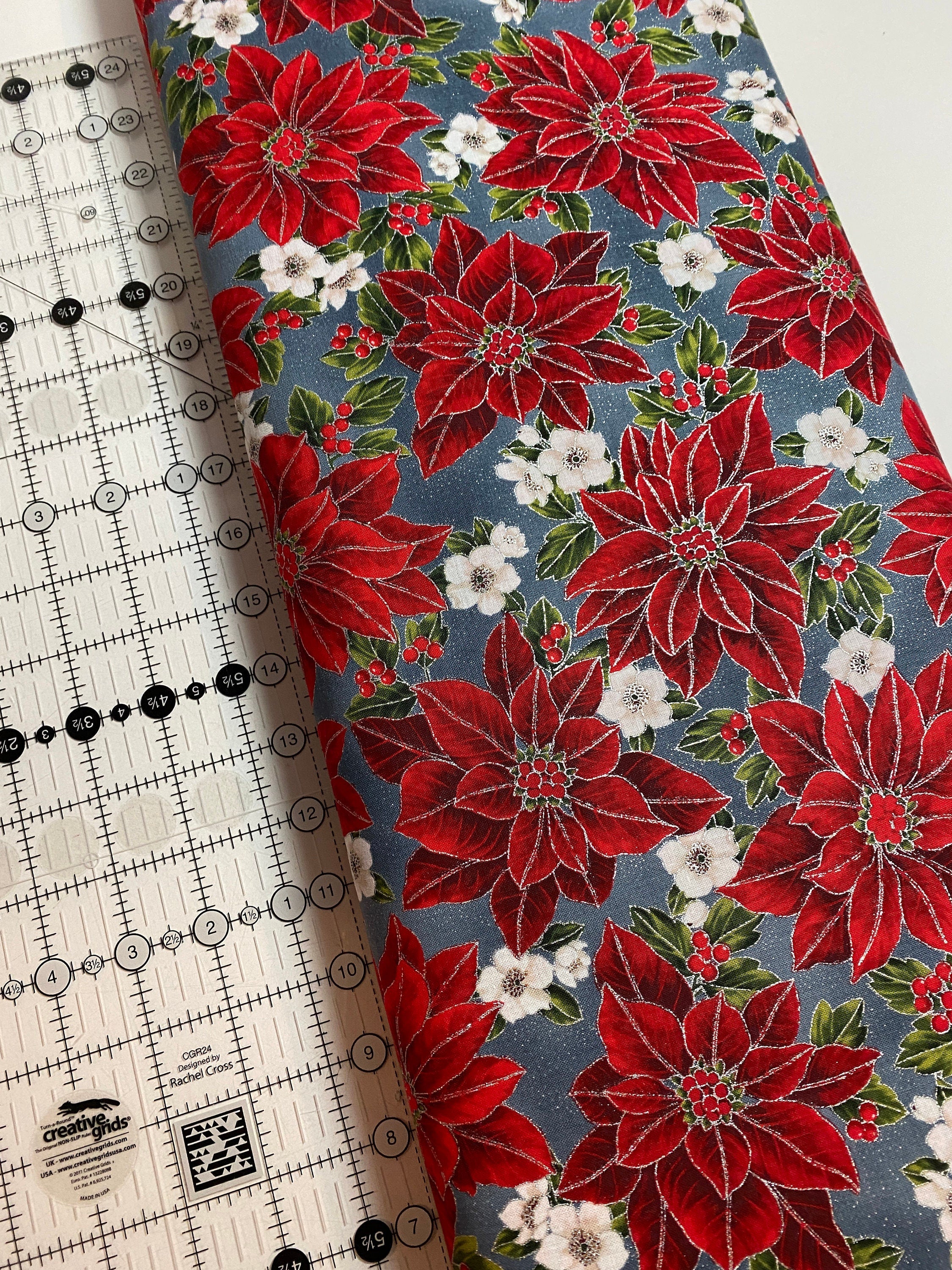 Winter Holiday Fabric -Poinsettias 97635 Storm/Silver Color 147S - 100% Quality Cotton