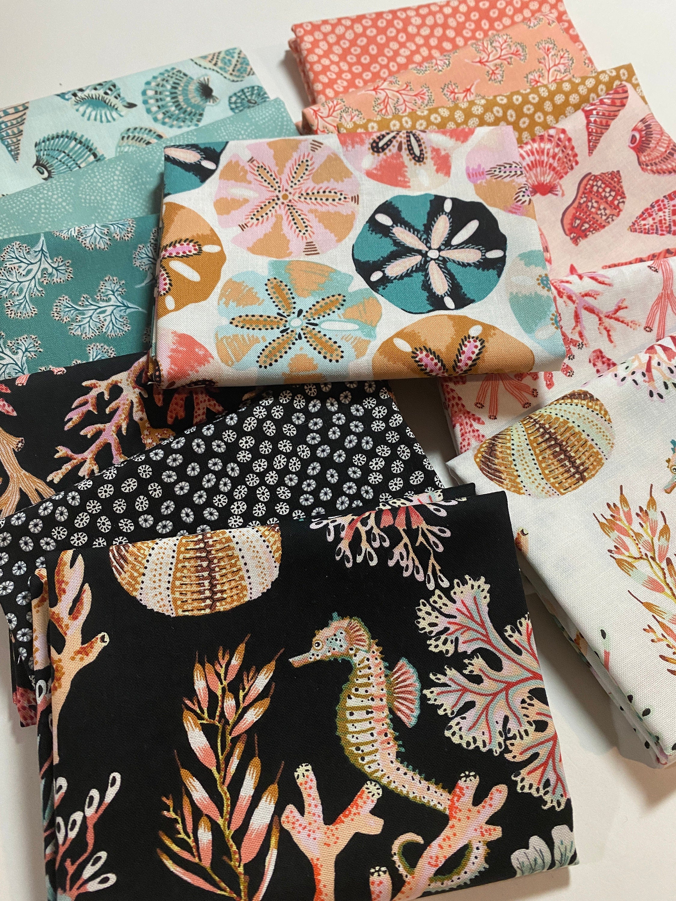 Sea Botanica FQ Bundle Fabric by Figo Tropical Ocean Seahorse  Florida Keys - Tropical Hawaiian Island OBX - 100% Quality Cotton 14 PC Fat 1/4 Bundle