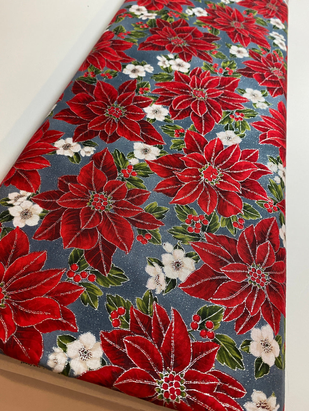Winter Holiday Fabric -Poinsettias 97635 Storm/Silver Color 147S - 100% Quality Cotton