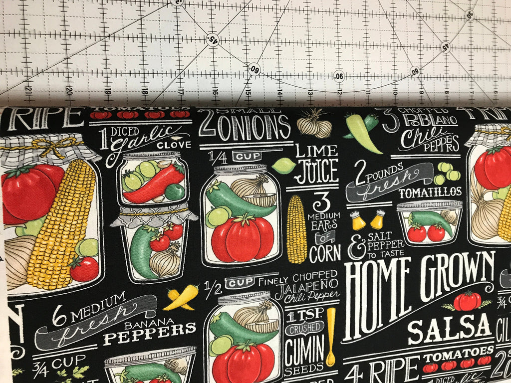 Garden Fabric - HOMEGROWN Salsa for Moda 19970 14 Recipes in Black Homegrown Salsa by Deb Strain Food Cooking - 100% Quality Cotton Yardage