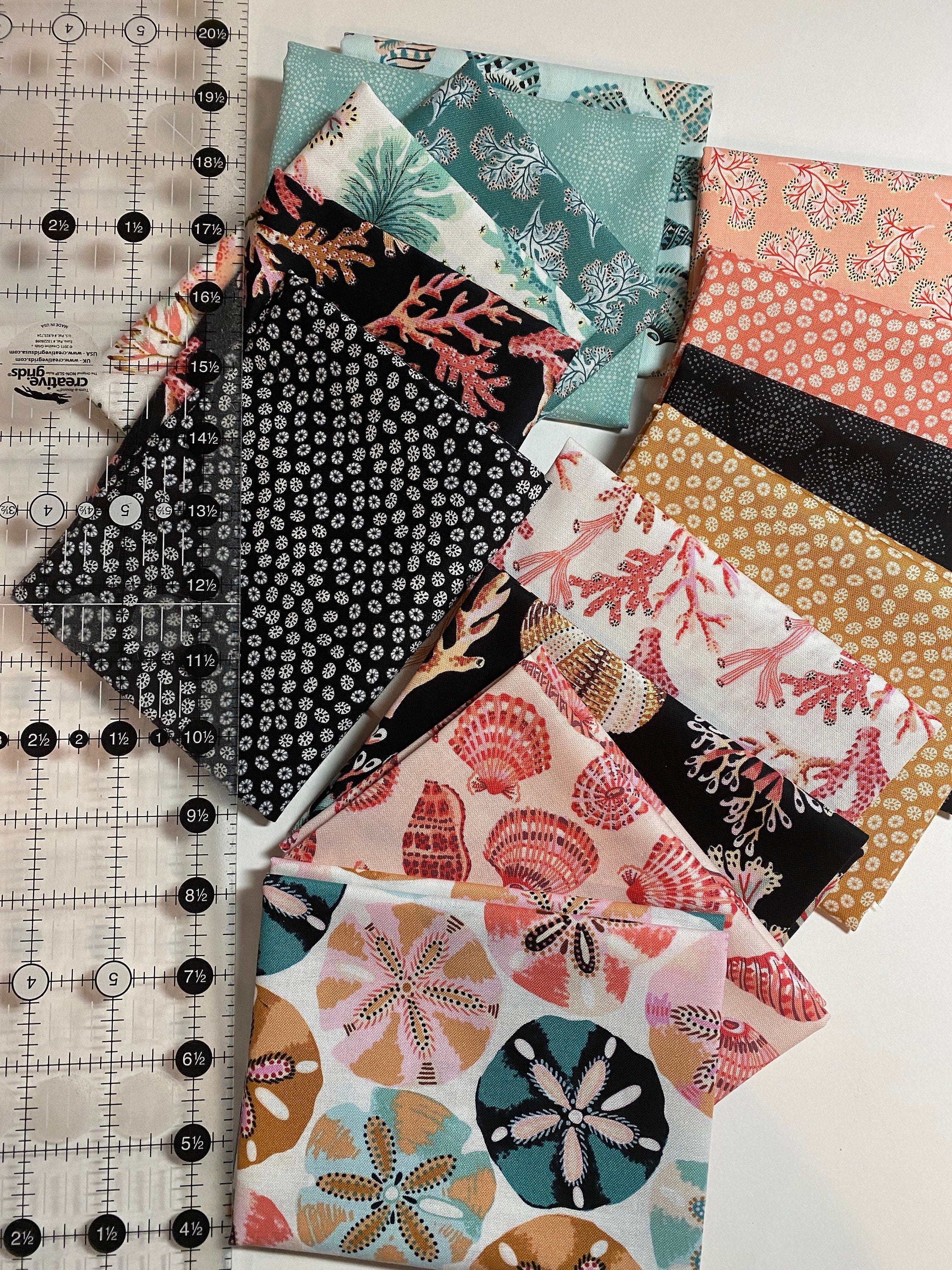 Sea Botanica FQ Bundle Fabric by Figo Tropical Ocean Seahorse  Florida Keys - Tropical Hawaiian Island OBX - 100% Quality Cotton 14 PC Fat 1/4 Bundle