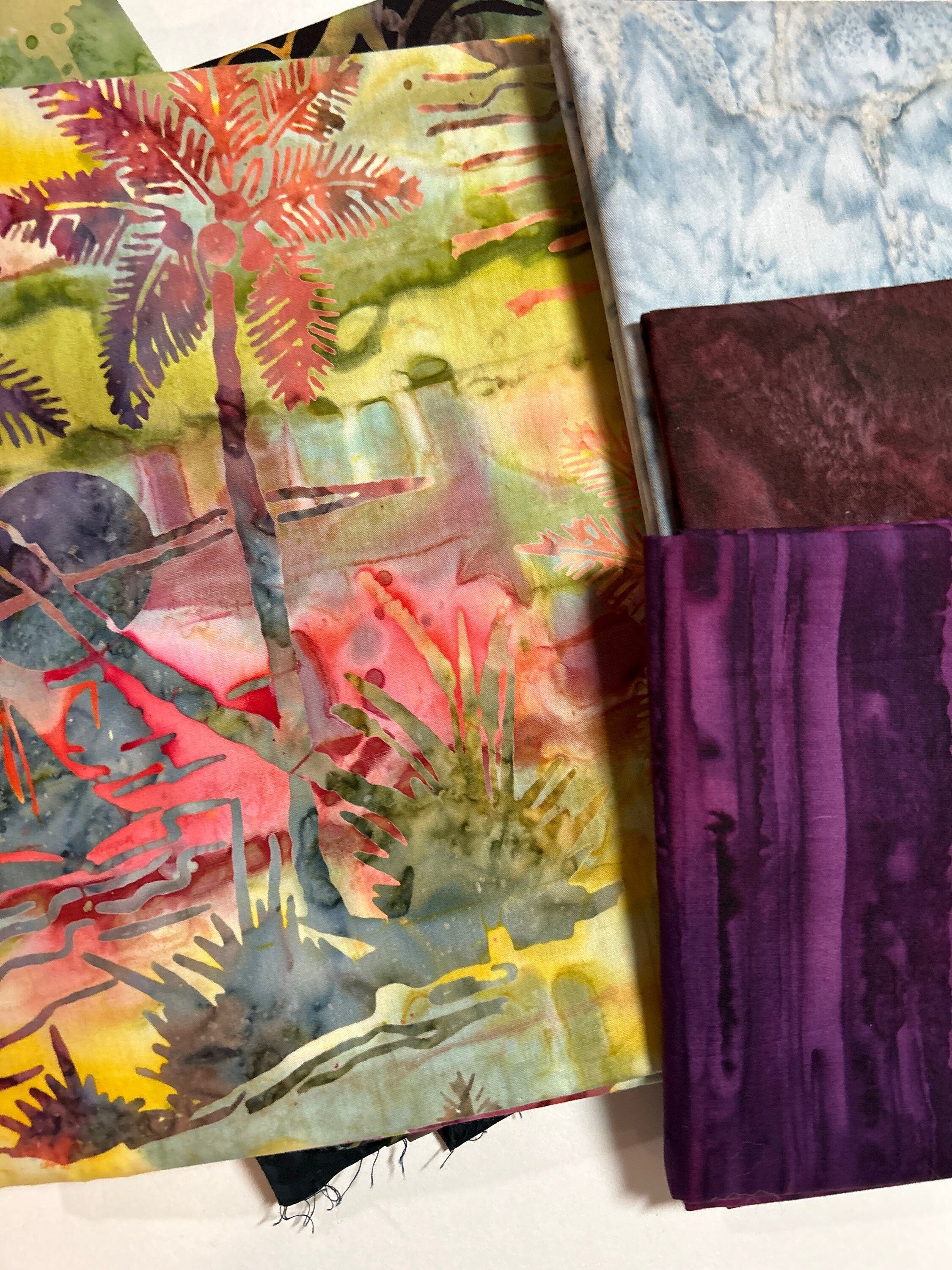 Batik Fabric - Bundle by Hoffman Fabrics Pattern 9-2023  - 100% Cotton Coordinated Yards 60”x70” NIGHTTIME PALMTREES with Free Pattern